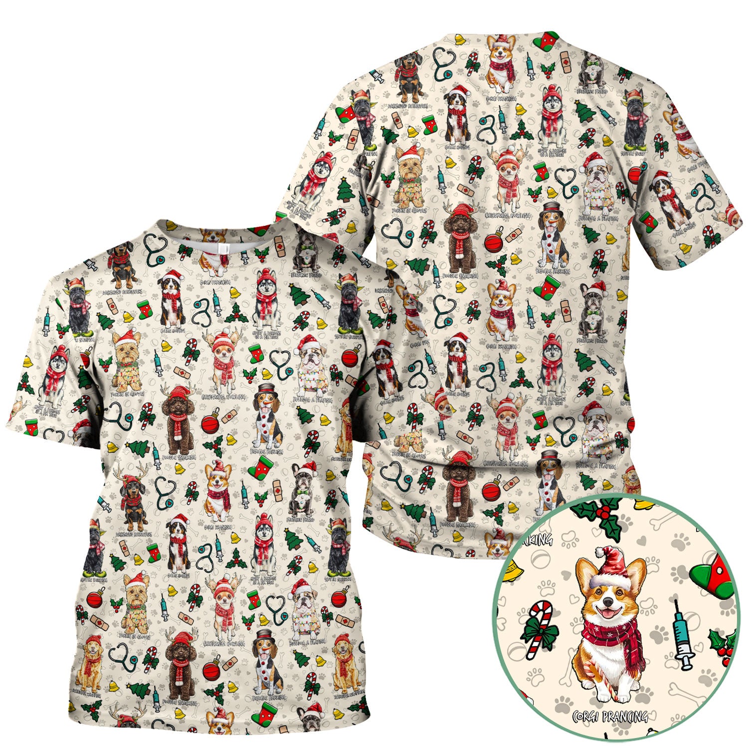 Christmas Dog Scrubs for Nurses – Dachshund, Husky, Poodle, Corgi & Labrador Holiday Scrub Top – Funny Santa Pattern Medical Shirt
