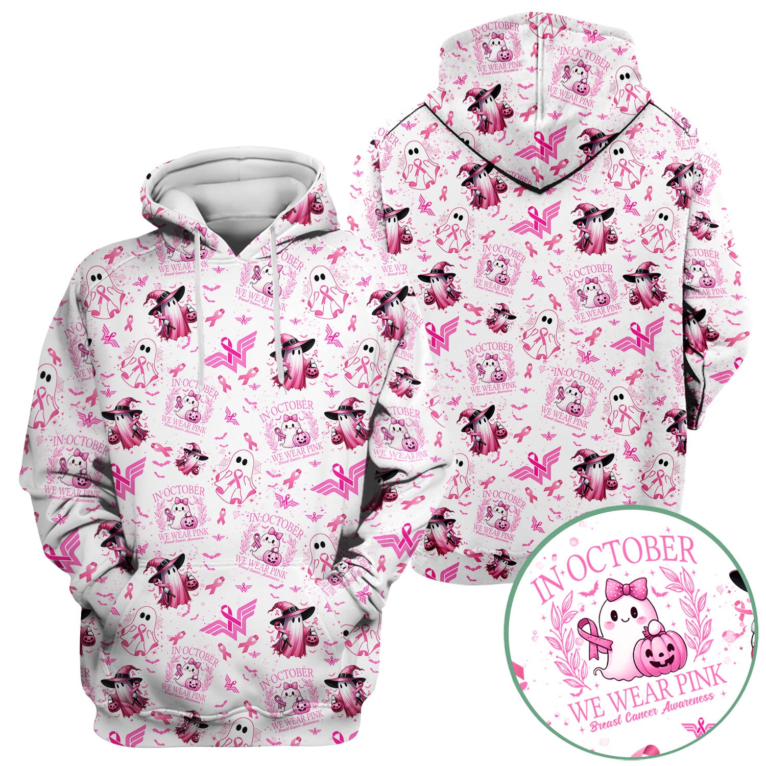 Pink Halloween Scrub Top for Nurses - In October We Wear Pink Breast Cancer Awareness Shirt - Cute Ghost Witch Gift for RN CNA LPN
