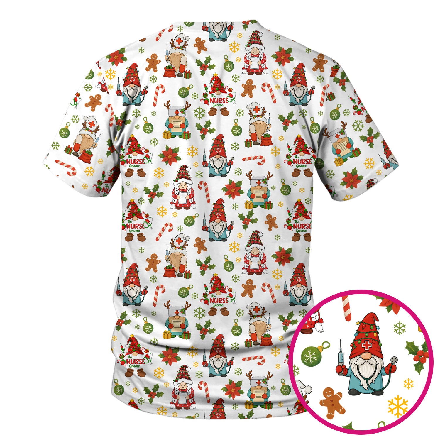 Christmas Gnome Nurse Scrub Top - Cute Holiday Santa Reindeer Print Scrubs - Funny Xmas Medical Scrub Shirt Gift for Women, CNA, RN, Doctor