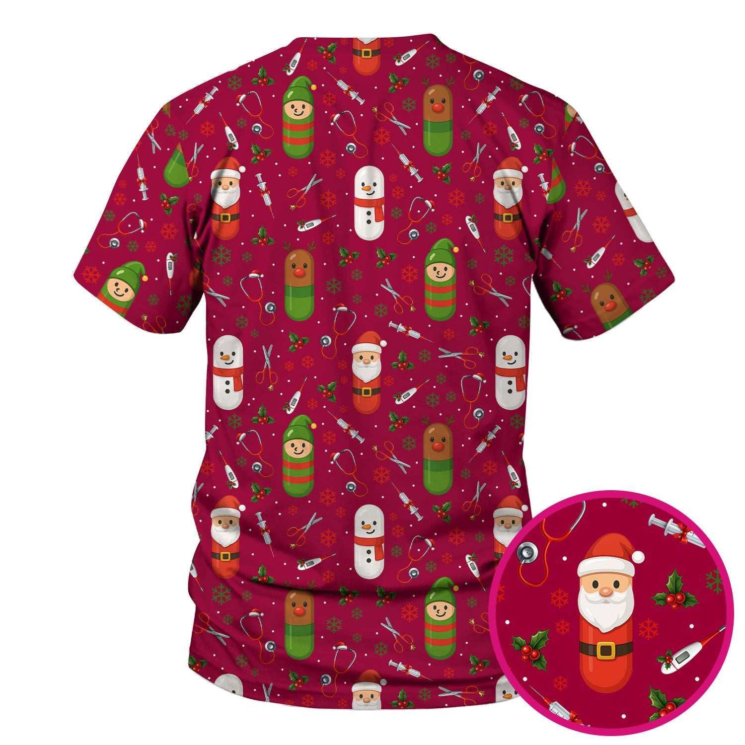 Santa Christmas Scrubs Set - Fun Holiday Pattern with Reindeer and Snowman - Cute Medical Scrub Top and Pants for Nurses
