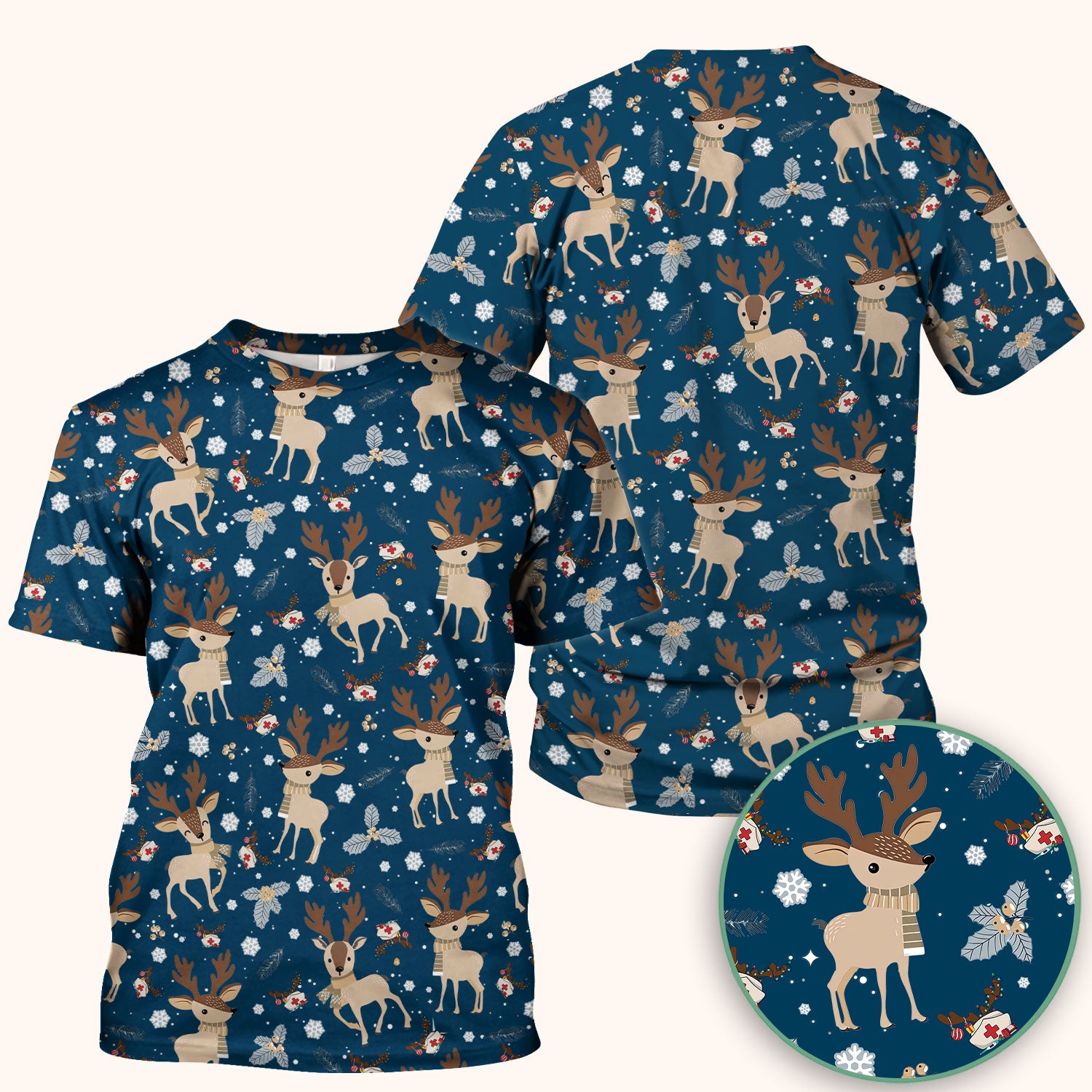 Reindeer Christmas Scrub Top - Cozy Beige Holiday Nurse Shirt with Cute Deer Pattern - Festive Medical Scrubs for Women RN CNA LPN