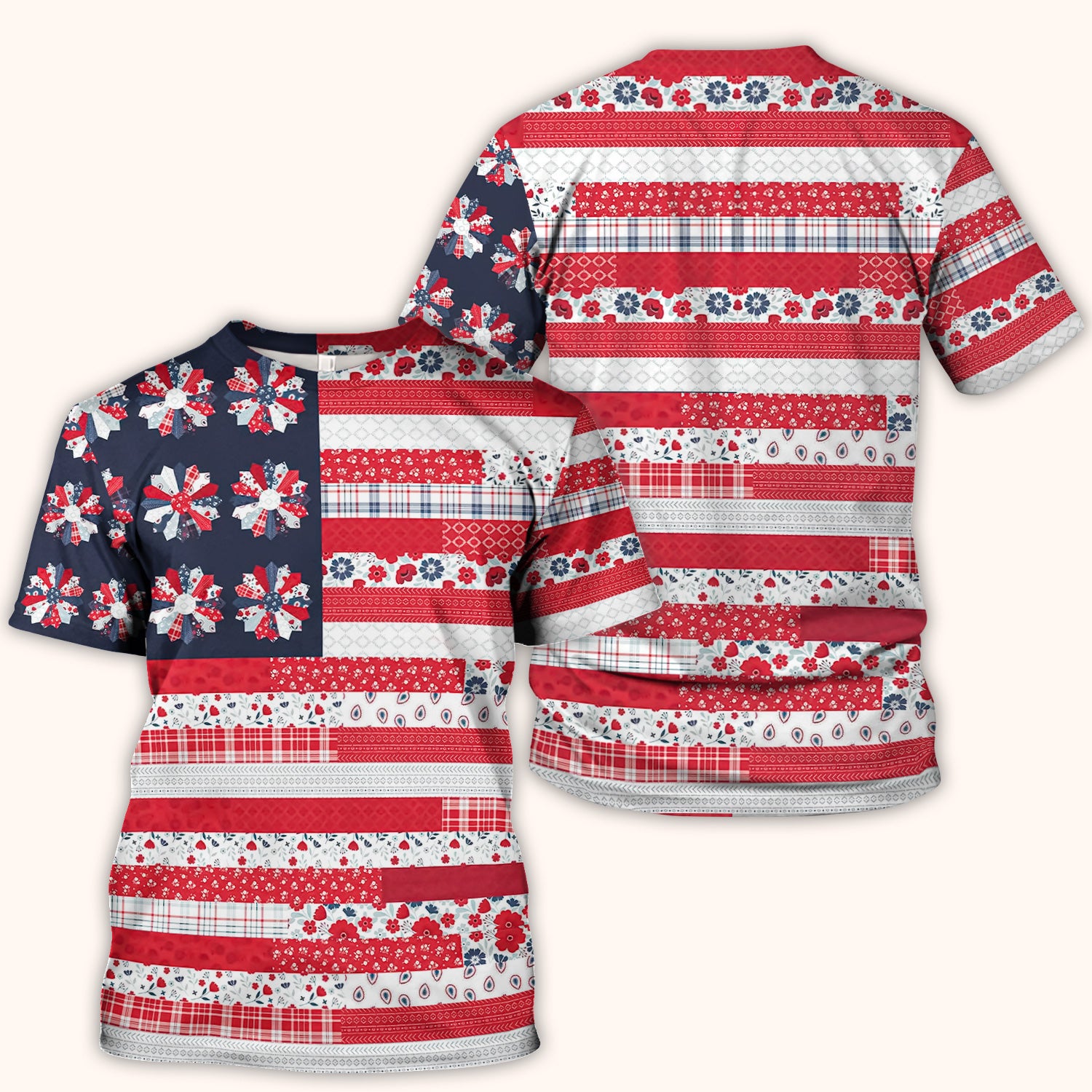 Patriotic Floral Flag Patchwork Pattern Scrub Top, Comfortable Scrubs for Nurses