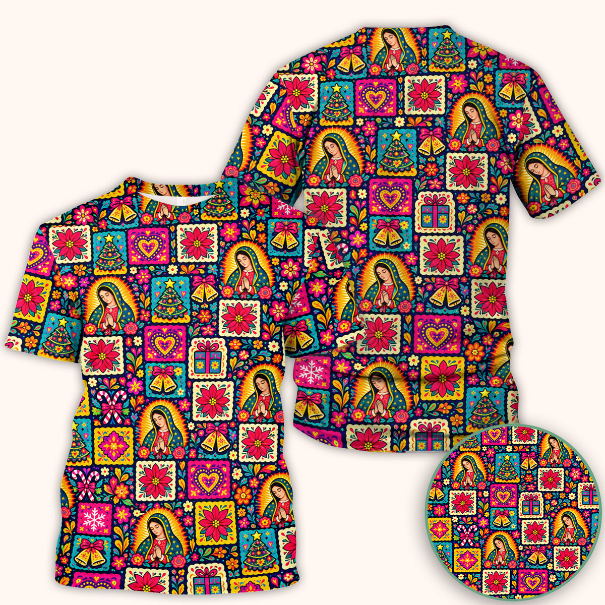 Our Lady of Guadalupe Christmas Folk Art Pattern Scrub Top, Comfortable Scrubs for Nurses