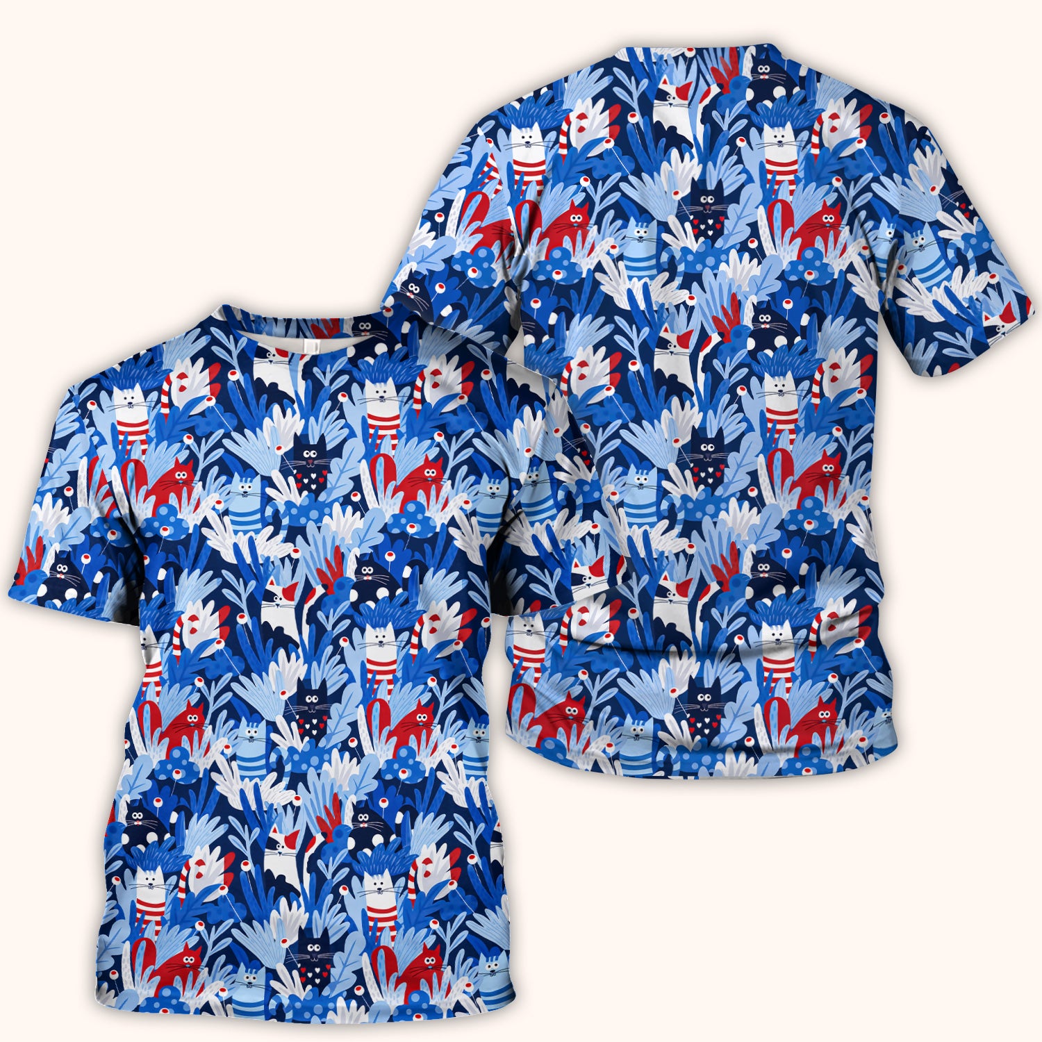 Cute Cats Among Blue Foliage Pattern Scrub Top, Comfortable Scrubs for Nurses