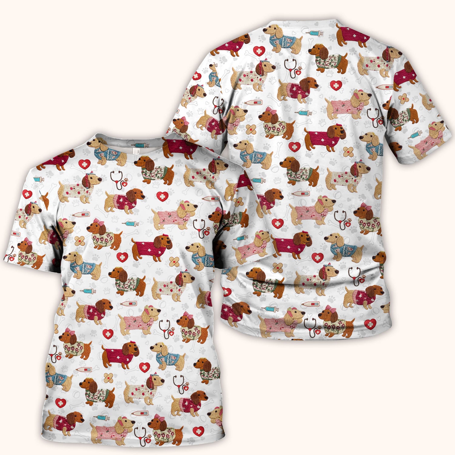 Cute Medical Wiener Dog Pattern Nurse Shirt, Dachshund Nursing Scrub Top, Breathable Fabrics Nursing Uniform