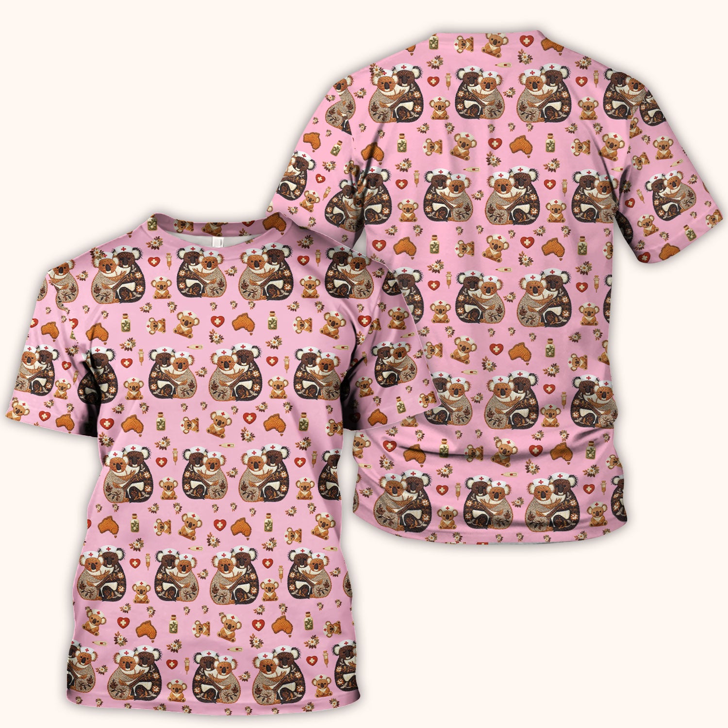 Cute Cartoon Koala Valentine Nurse Design Scrub Top, Breathable Fabrics Nursing Uniform
