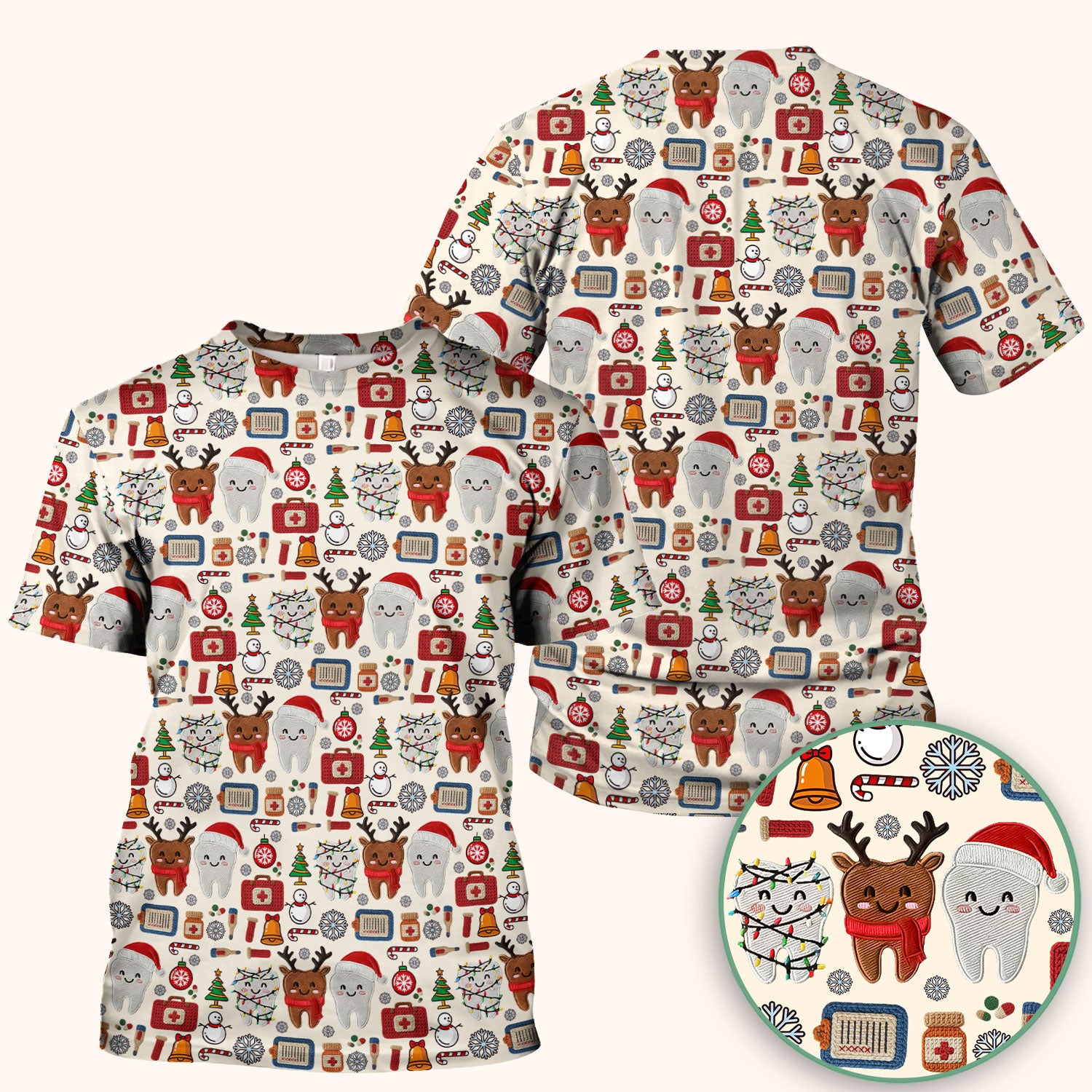 Christmas Dental Scrub Top - Cute Santa & Reindeer Tooth Shirt - Funny Holiday Medical Uniform for Dentists, Hygienists & Nurses