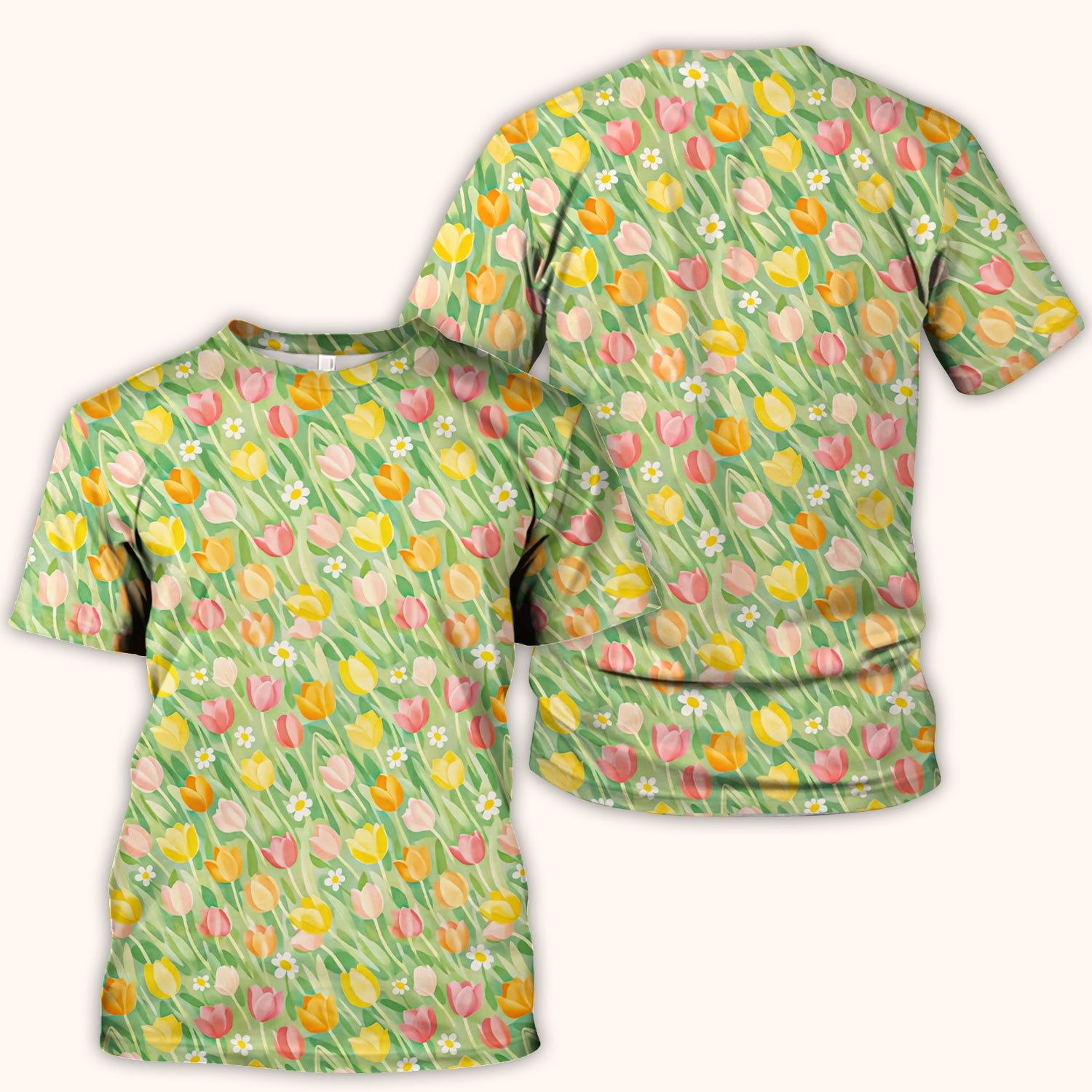 Cheerful Tulip Meadow Print Scrub Top, Breathable Fabrics Nursing Uniform