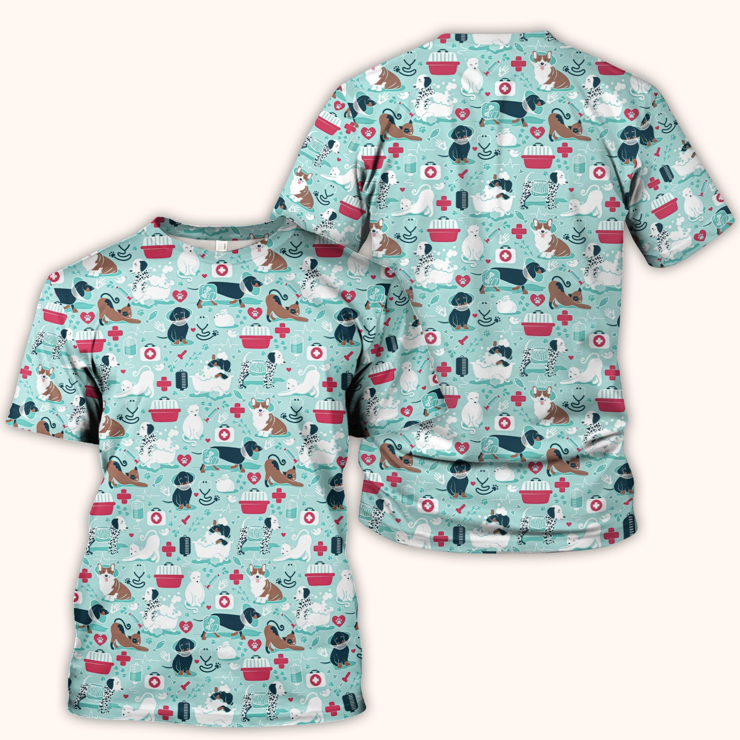 Dogs With Veterinary Tools And Paw Print Scrub Top, Breathable Fabrics Nursing Uniform