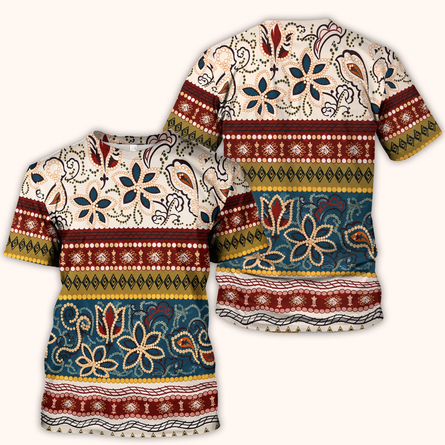 Boho Paisley Floral Stripe Pattern Scrub Top, Comfortable Scrubs for Nurses
