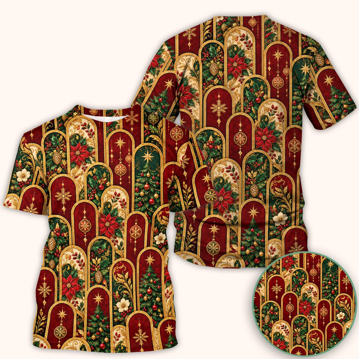 Elegant Christmas Poinsettia Gold Arch Pattern Scrub Top, Comfortable Scrubs for Nurses