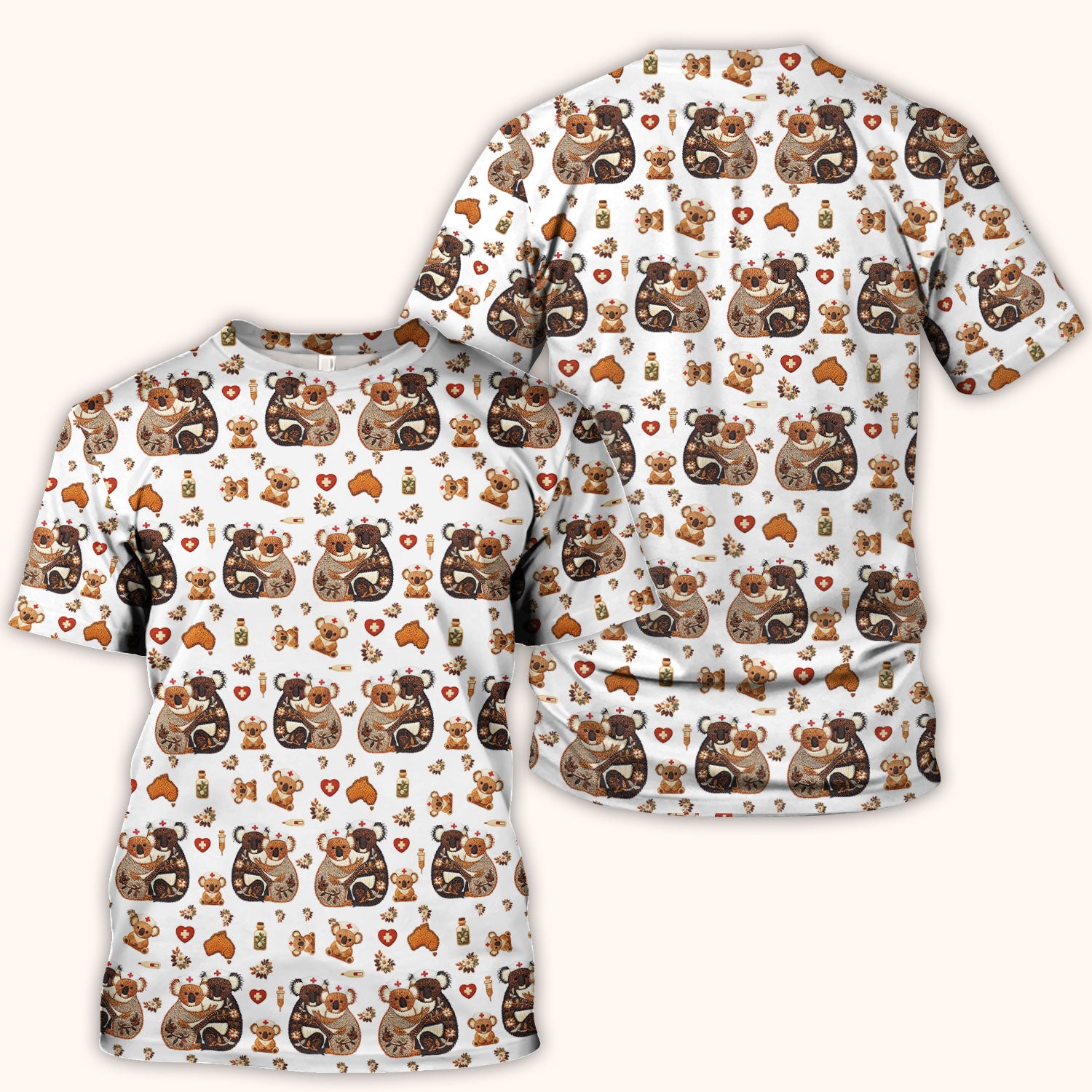 Cute Cartoon Koala Valentine Nurse Design Scrub Top, Breathable Fabrics Nursing Uniform