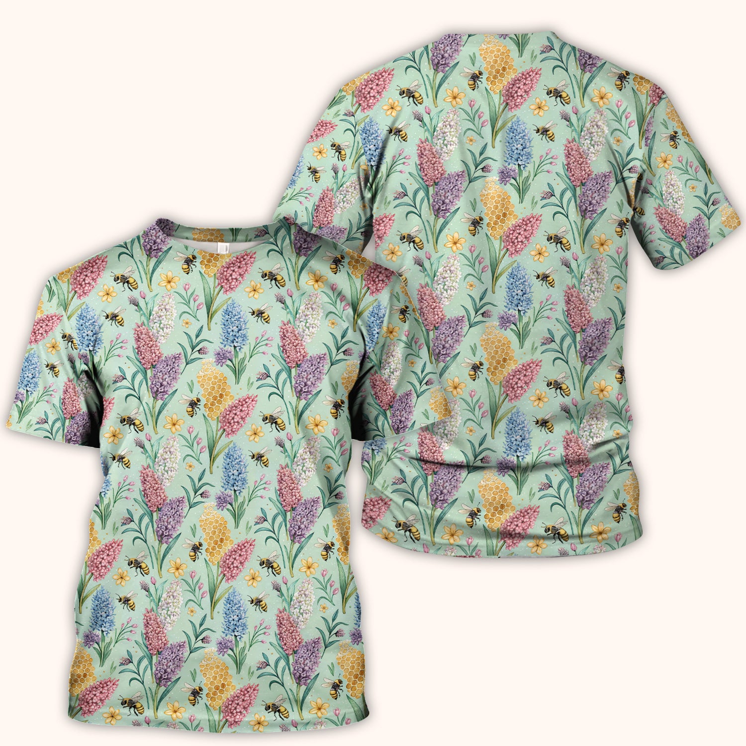 Pastel Wildflower Honeybee Pattern Scrub Top, Comfortable Scrubs for Nurses
