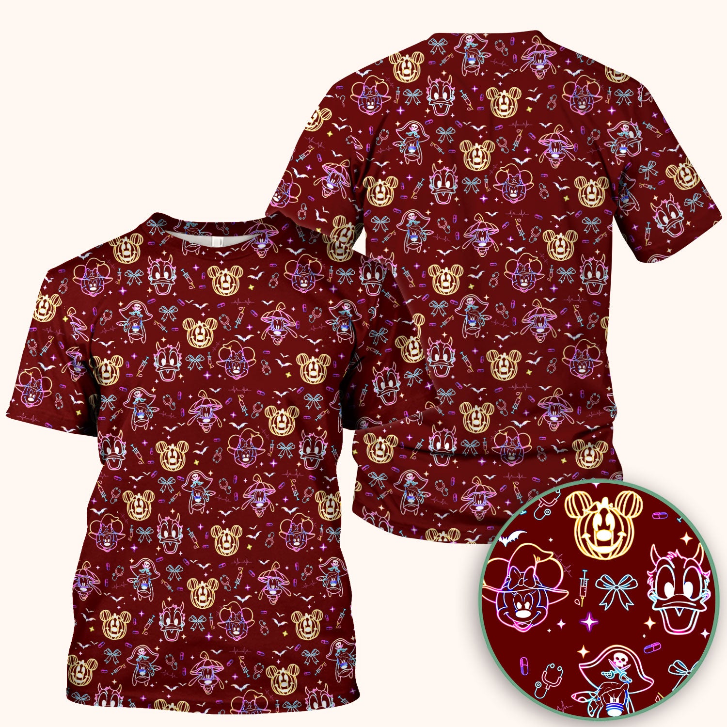 Neon Mouse Halloween Scrub Top for Nurses - Spooky Faces and Scary Pumpkin Shirt - Funny Med Uniform Gift for Women