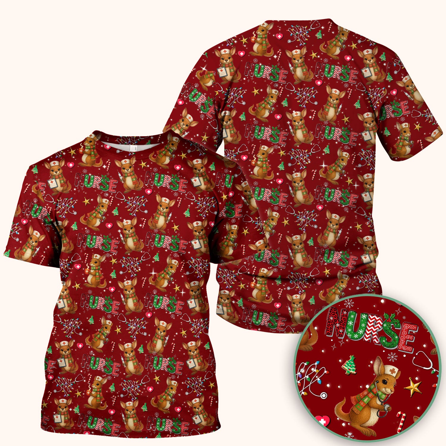 Christmas Kangaroo Nurse Scrub Top - Cute Aussie Holiday Medical Uniform - Funny Xmas Scrubs for Women