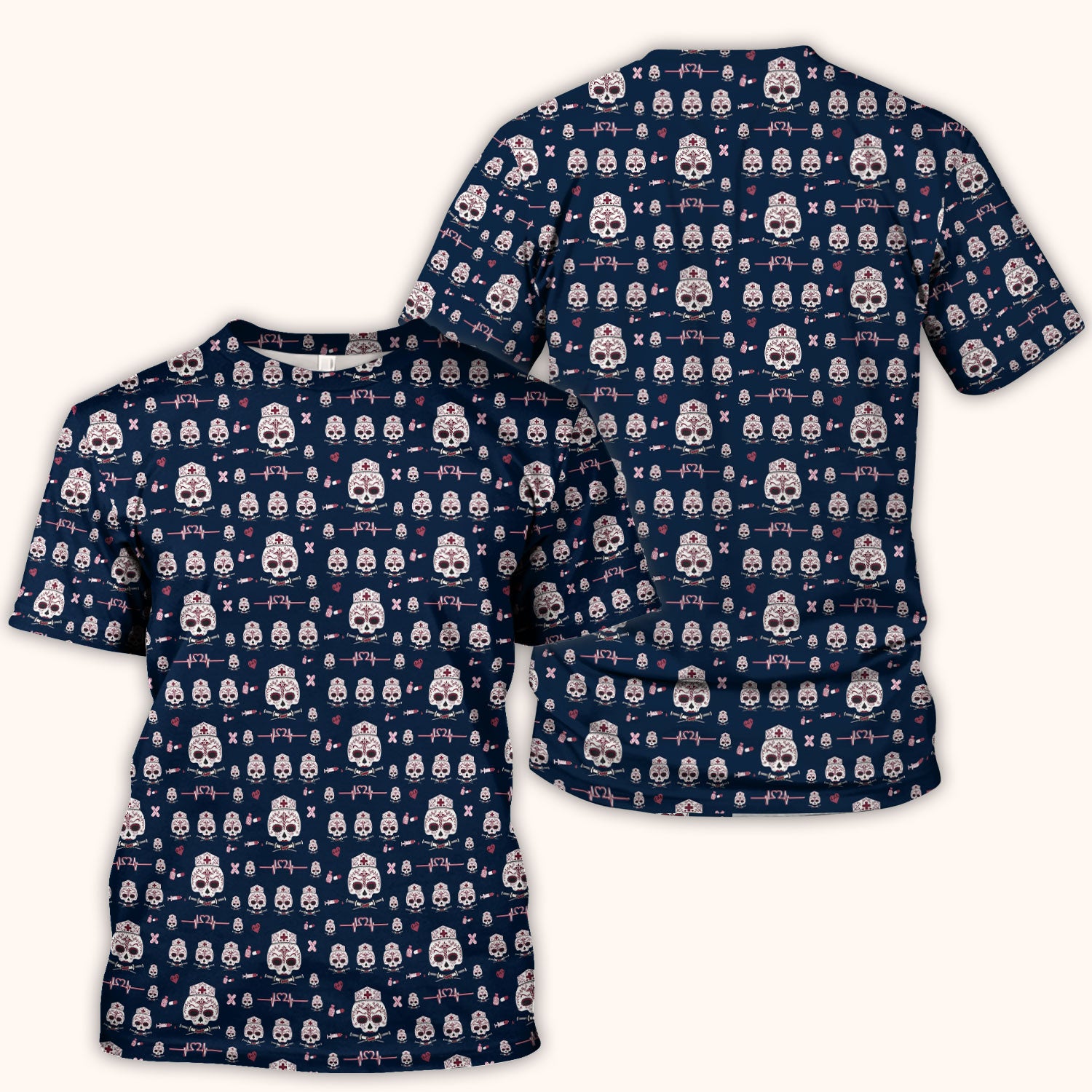Sugar Skull Scrub Top, Skull Pattern Scrub Shirt, Breathable Fabrics Nursing Uniform
