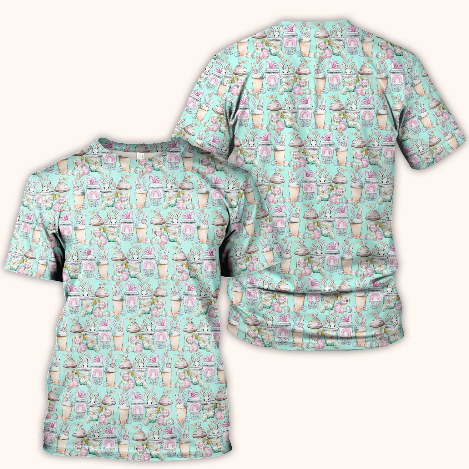 Cute Easter Bunny Coffee Cup Pattern Scrub Top, Comfortable Scrubs for Nurses