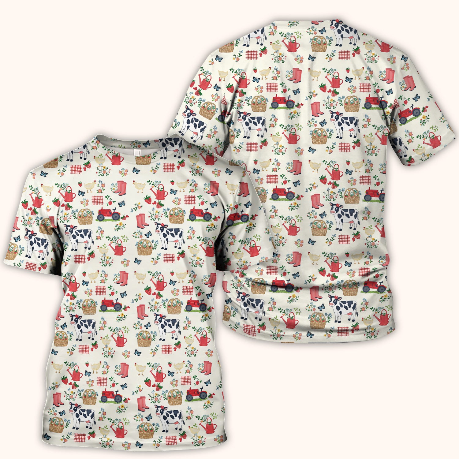 Cute Cow Chicken Farm Pattern Scrub Top, Breathable Fabrics Nursing Uniform