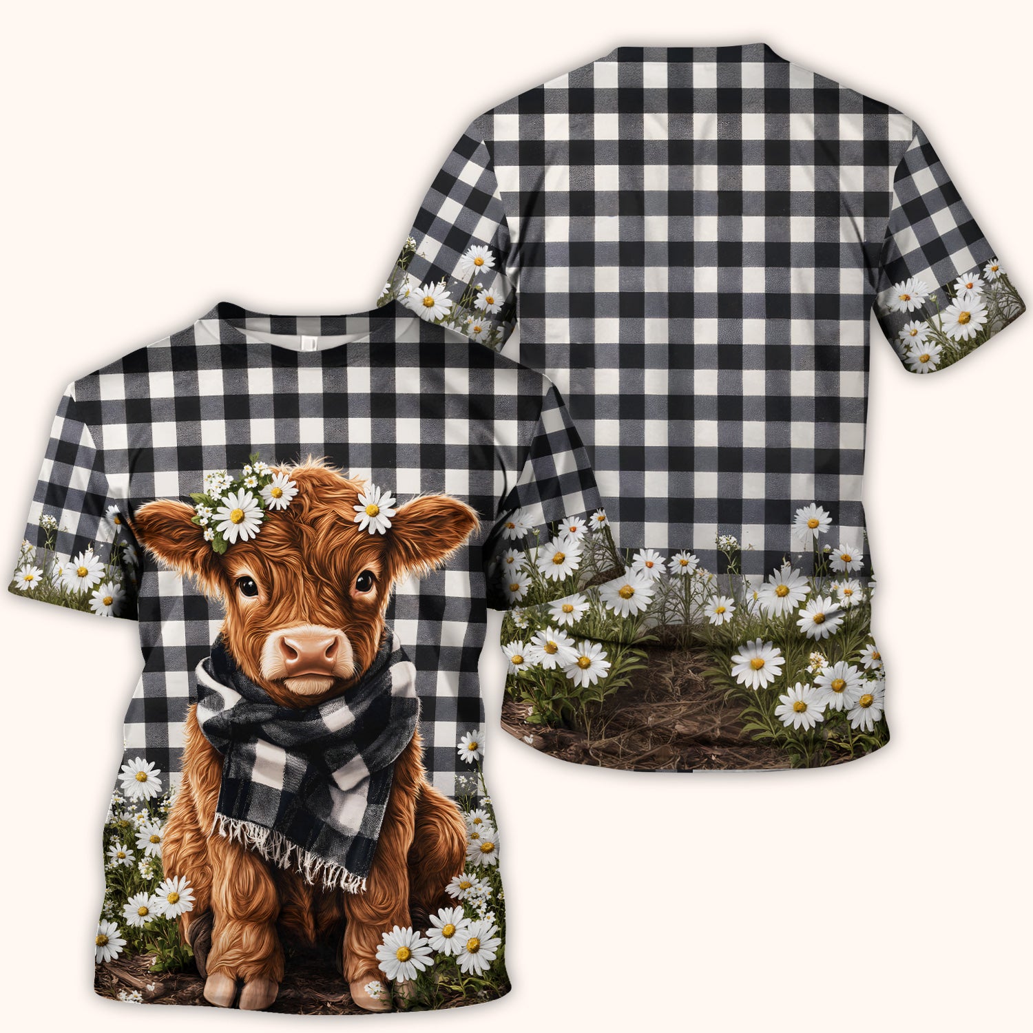 Highland Cow Daisy Pattern Scrub Top, Comfortable Scrubs for Nurses