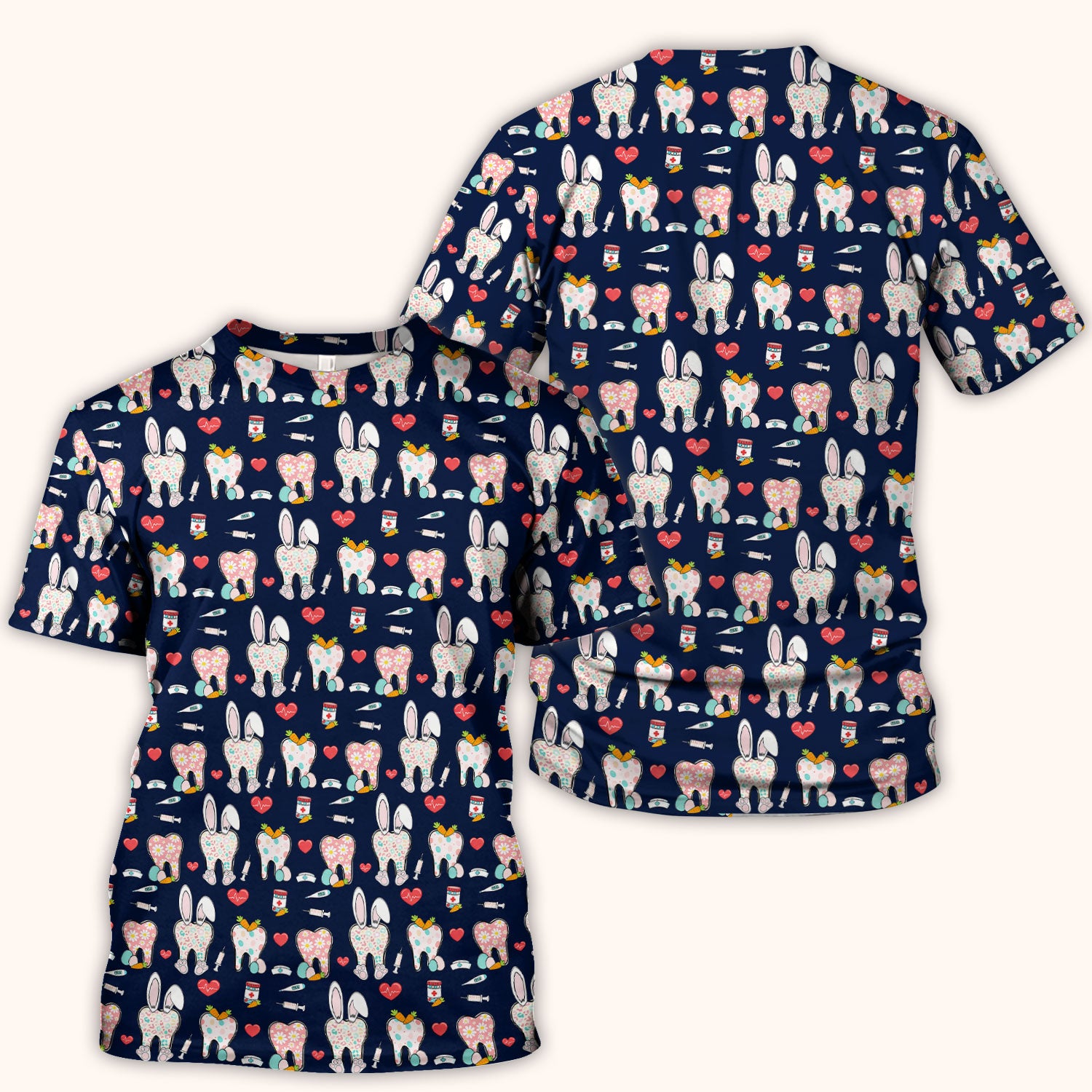 Playful Bunny Dentist Illustration Medical Scrub Top, Comfortable Scrubs for Nurses, Easter