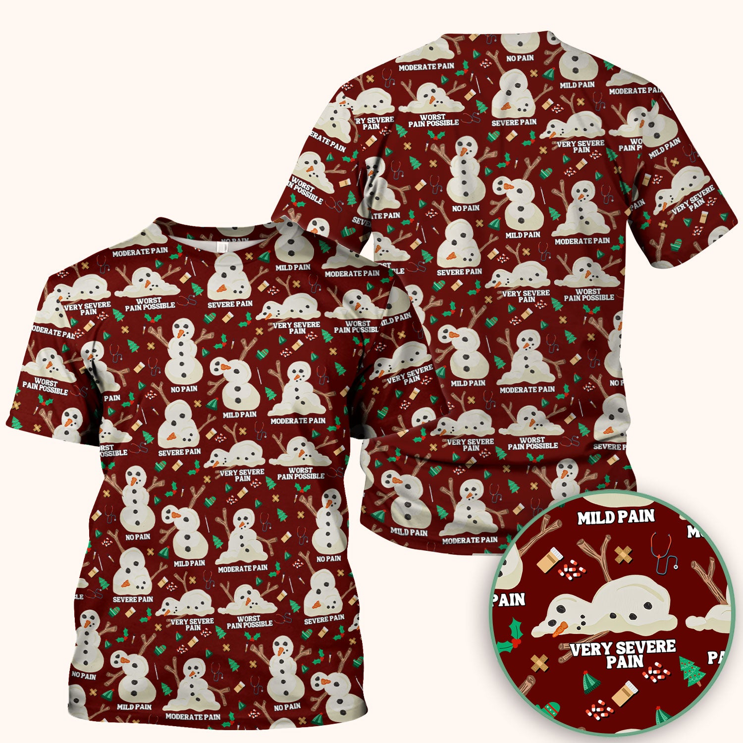 Funny Snowman Pain Scale Scrub Top for Nurse - Christmas Medical Shirt for Women RN LPN CNA - Cute Winter Nursing Uniform