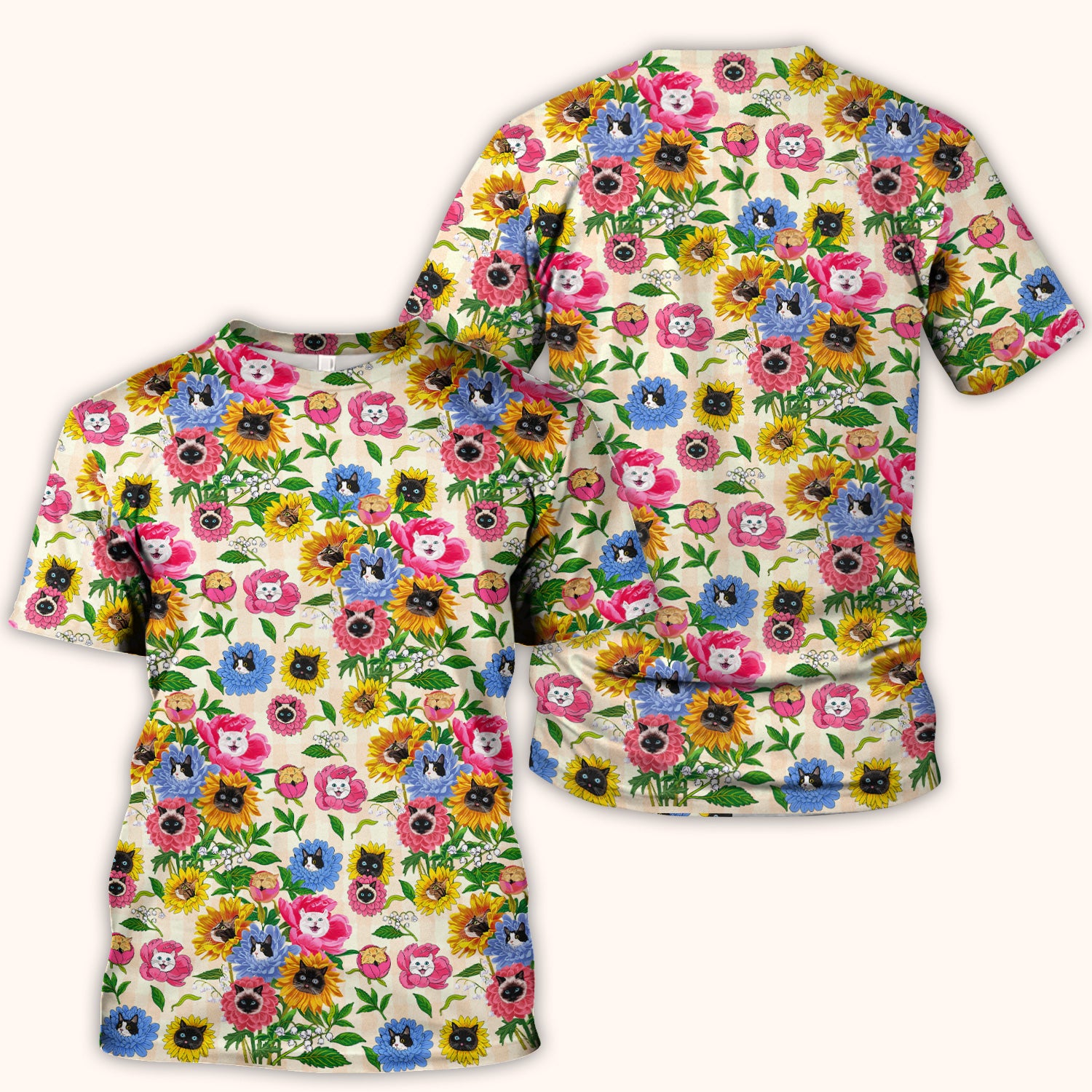 Cat Face Hidden In Colorful Flower Garden Scrub Top, Breathable Fabrics Nursing Uniform