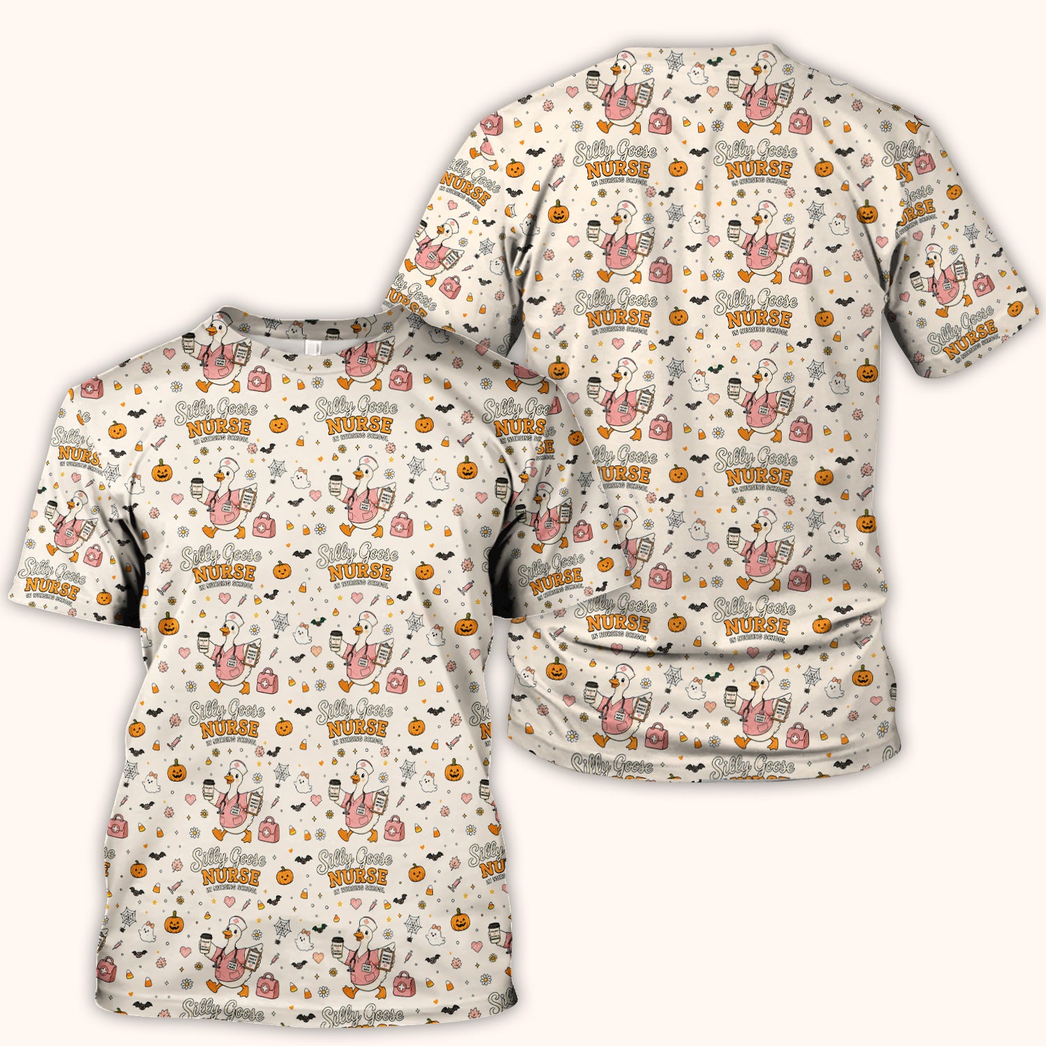 Funny Halloween Silly Goose Pattern Scrub Top, Comfortable Scrubs for Nurses