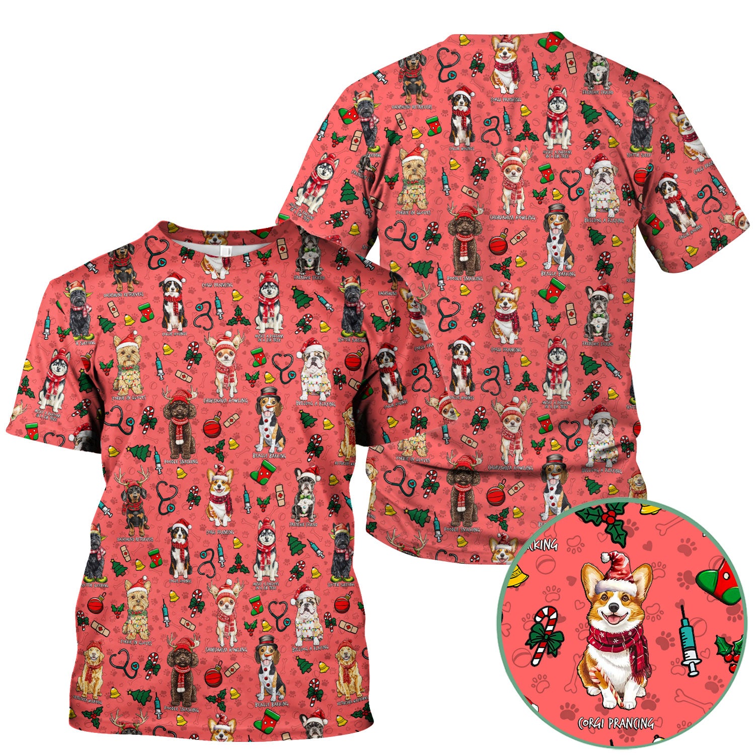 Cute Christmas Dog Scrubs for Nurses - Corgi, Dachshund, Husky, Poodle & Labrador - Funny Holiday Medical Scrub Top for Women