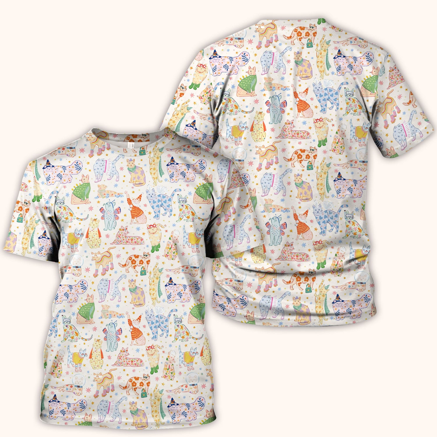Colorful Pastel Cartoon Cats Print Scrub Top, Breathable Fabrics Nursing Uniform