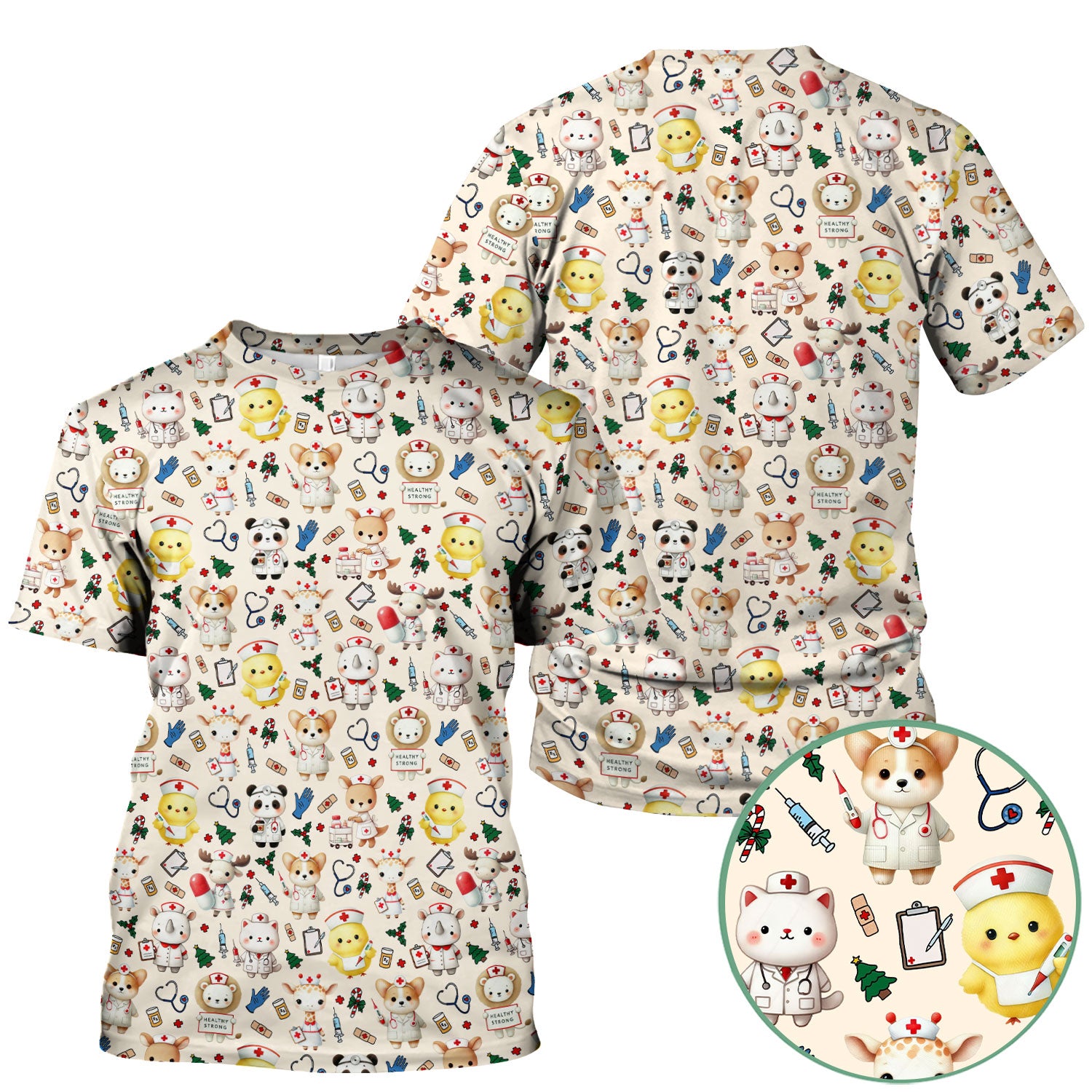 Comfortable Scrubs for Nurses - Pediatric Scrub Tops - Breathable Fabrics Nursing Uniform - Adorable Puppy Cat Bear Print
