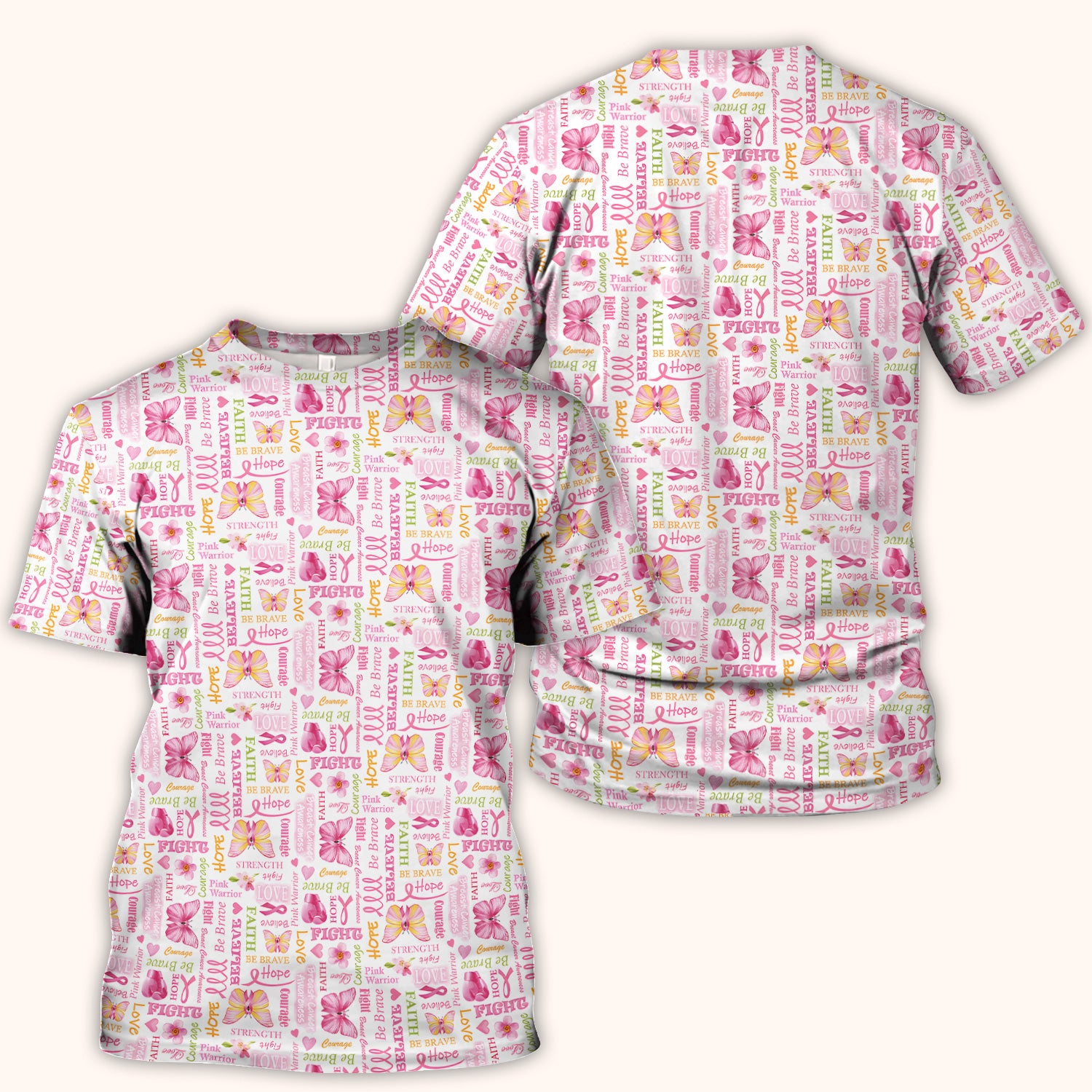 Pink Ribbon Butterfly Print Scrub Top, Comfortable Scrubs for Nurses