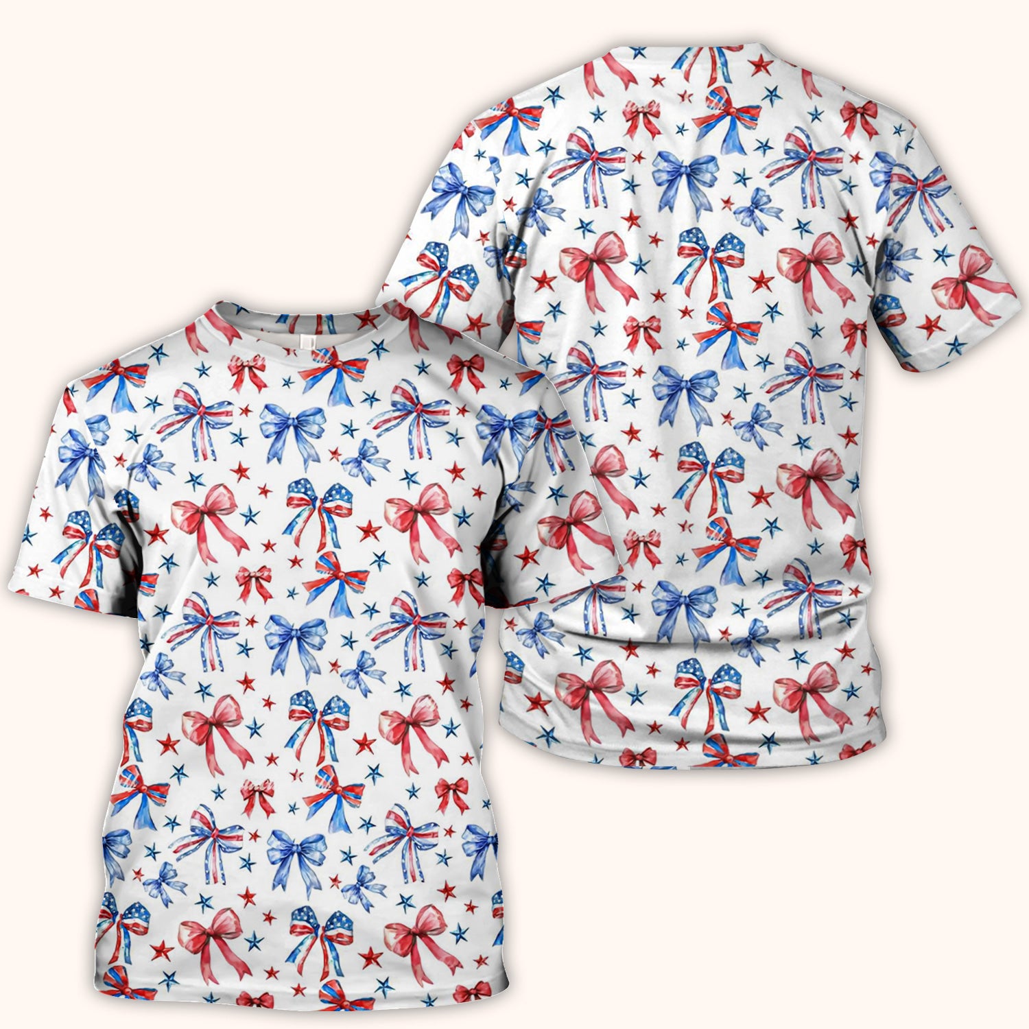 Festive Patriotic Ribbon Bow Star Pattern Scrub Top, Comfortable Scrubs for Nurses