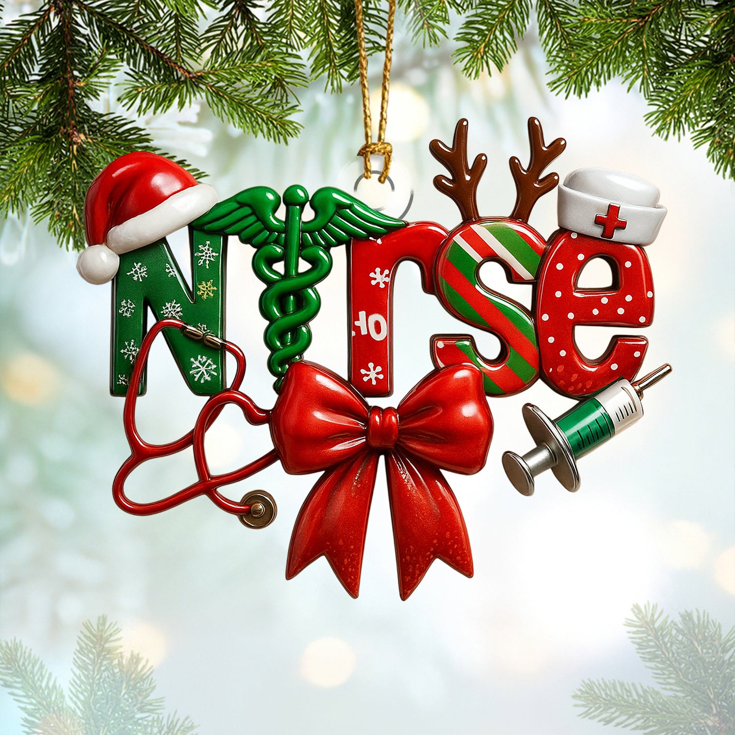 Funny Nurse Christmas Ornament, Xmas Medical Ornament with Stethoscope and Syringe, Holiday Gift for RN, LPN, CNA, Doctor