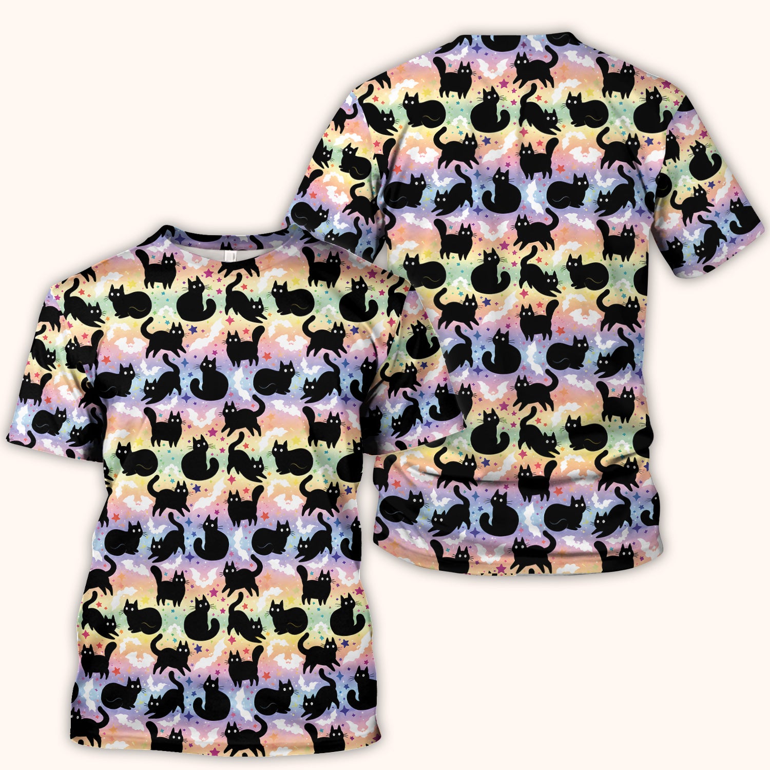Pastel Star Black Cat Pattern Scrub Top for RN, CNA, Cat Lover Uniform