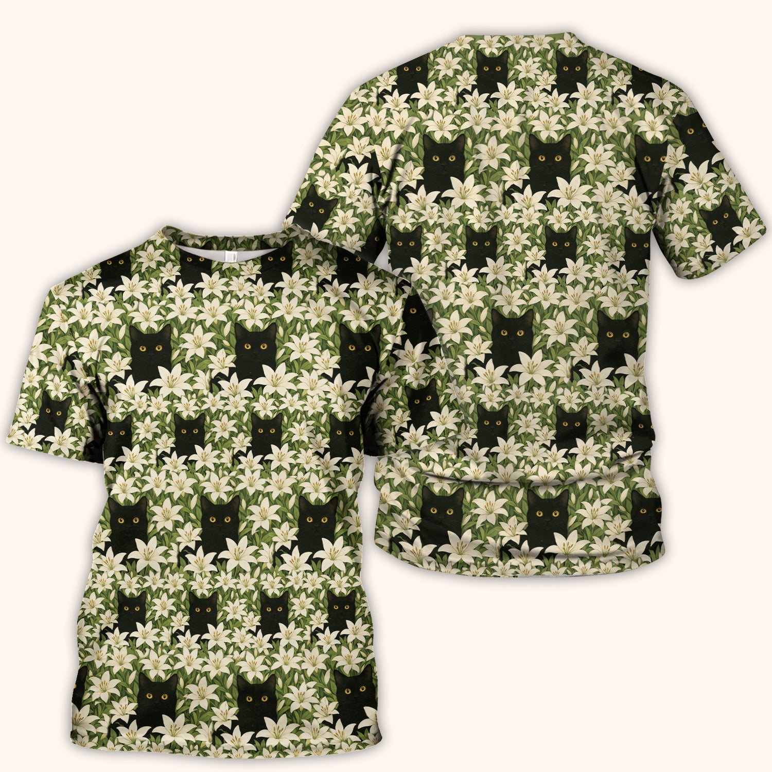 Black Cat Hidden In Lily Garden Pattern Scrub Top, Comfortable Scrubs for Nurses