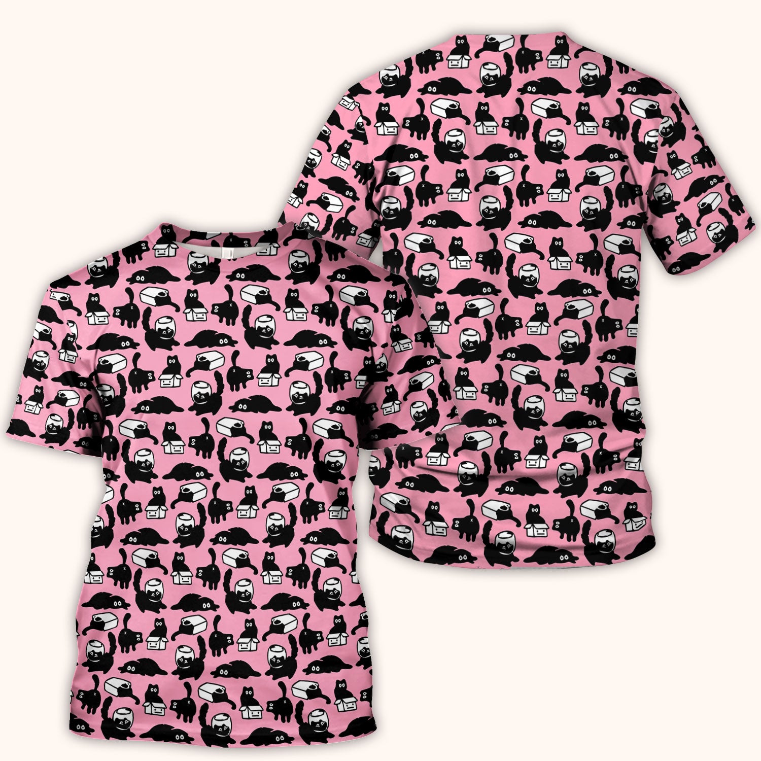 Dark Playful Cat Cartoon Pattern Scrub Top, Comfortable Scrubs for Nurses