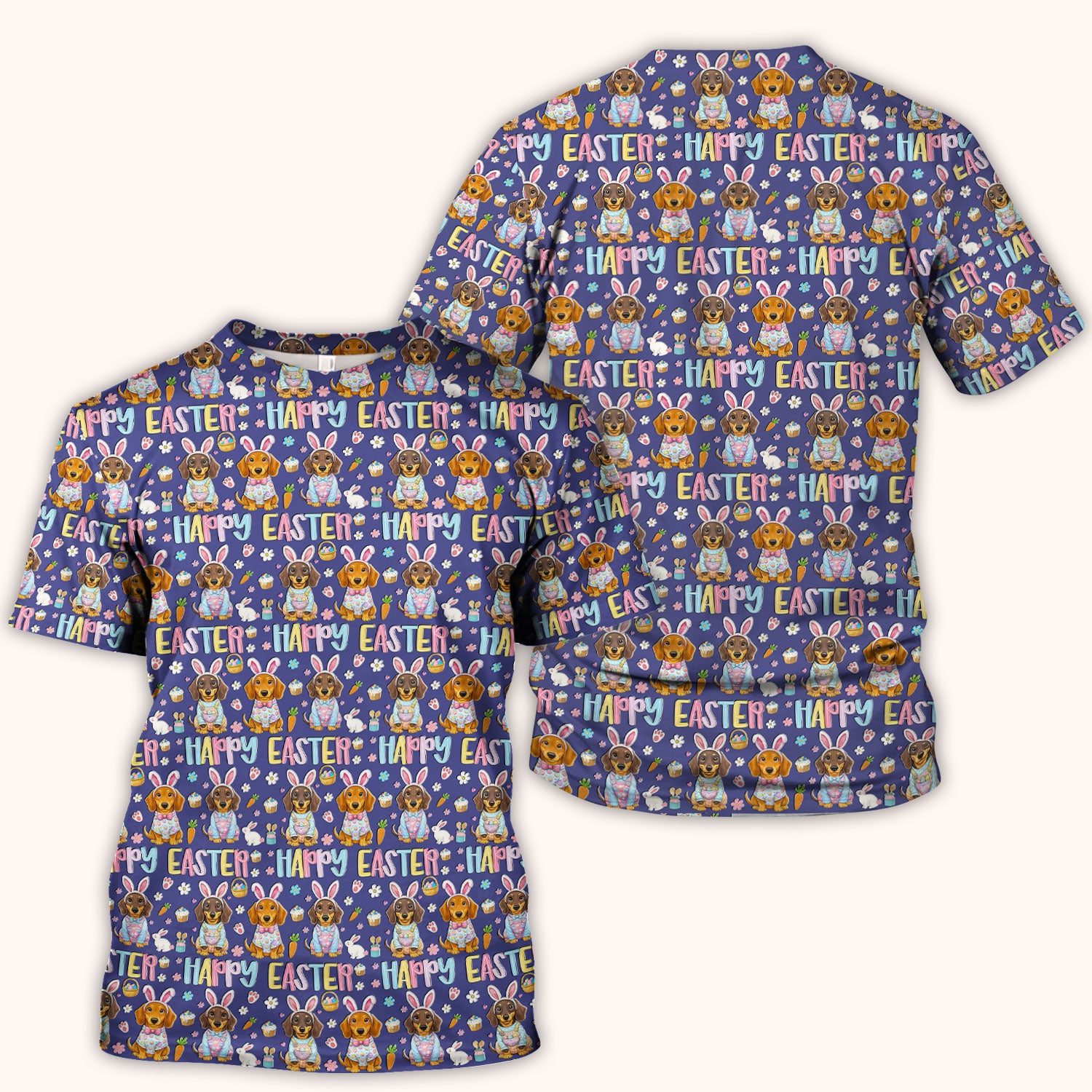 Happy Easter Dachshund Bunny Print Scrub Top, Comfortable Scrubs for Nurses