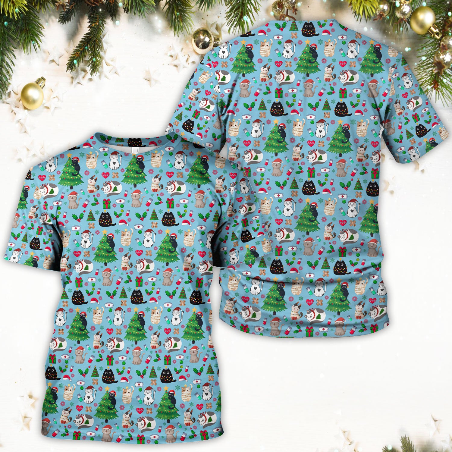 Christmas Cat Scrub Top, Xmas Pet Pattern Scrub Shirt, Breathable Fabrics Nursing Uniform