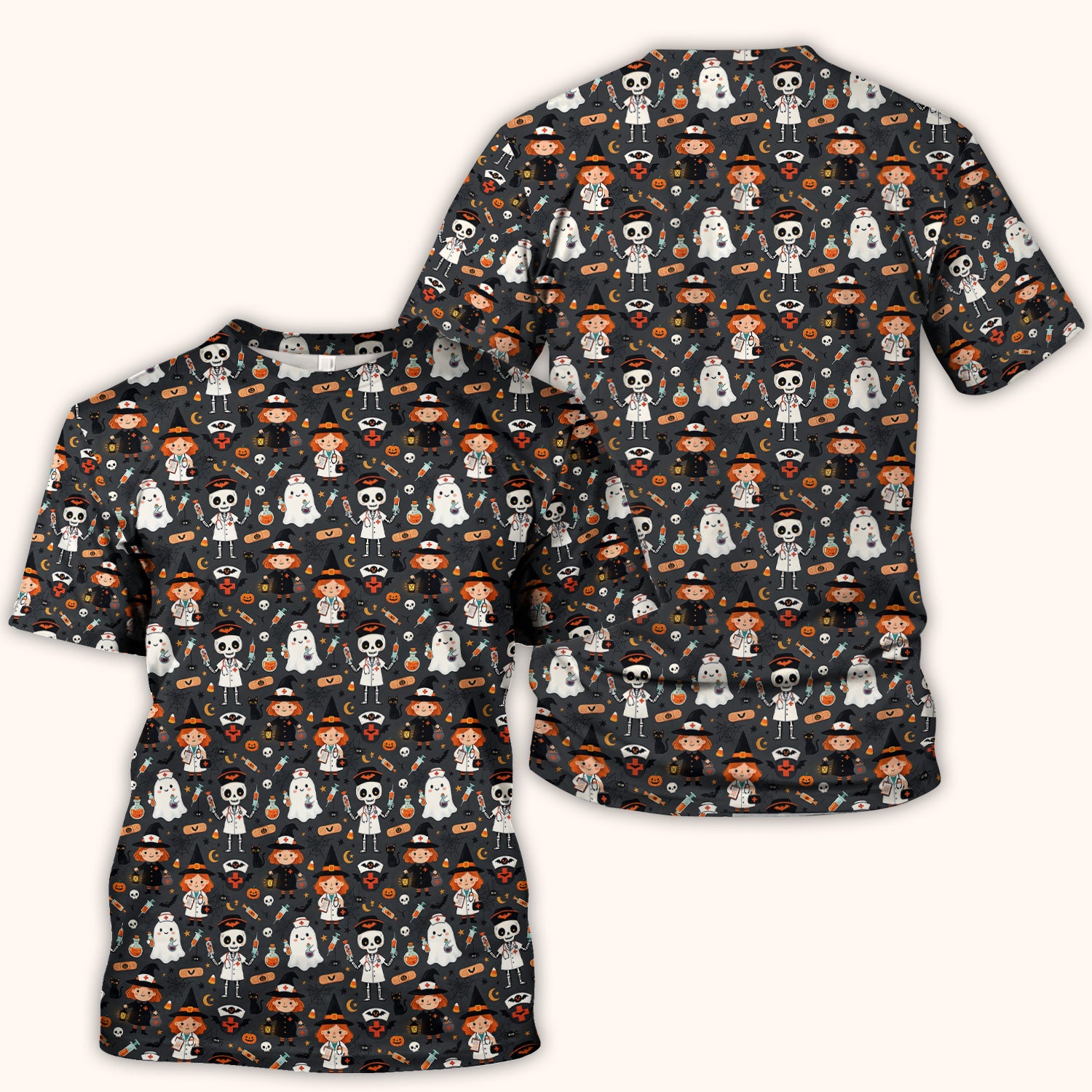 Halloween Witch And Skeleton Nurse Scrub Top, Comfortable Scrubs for Nurses