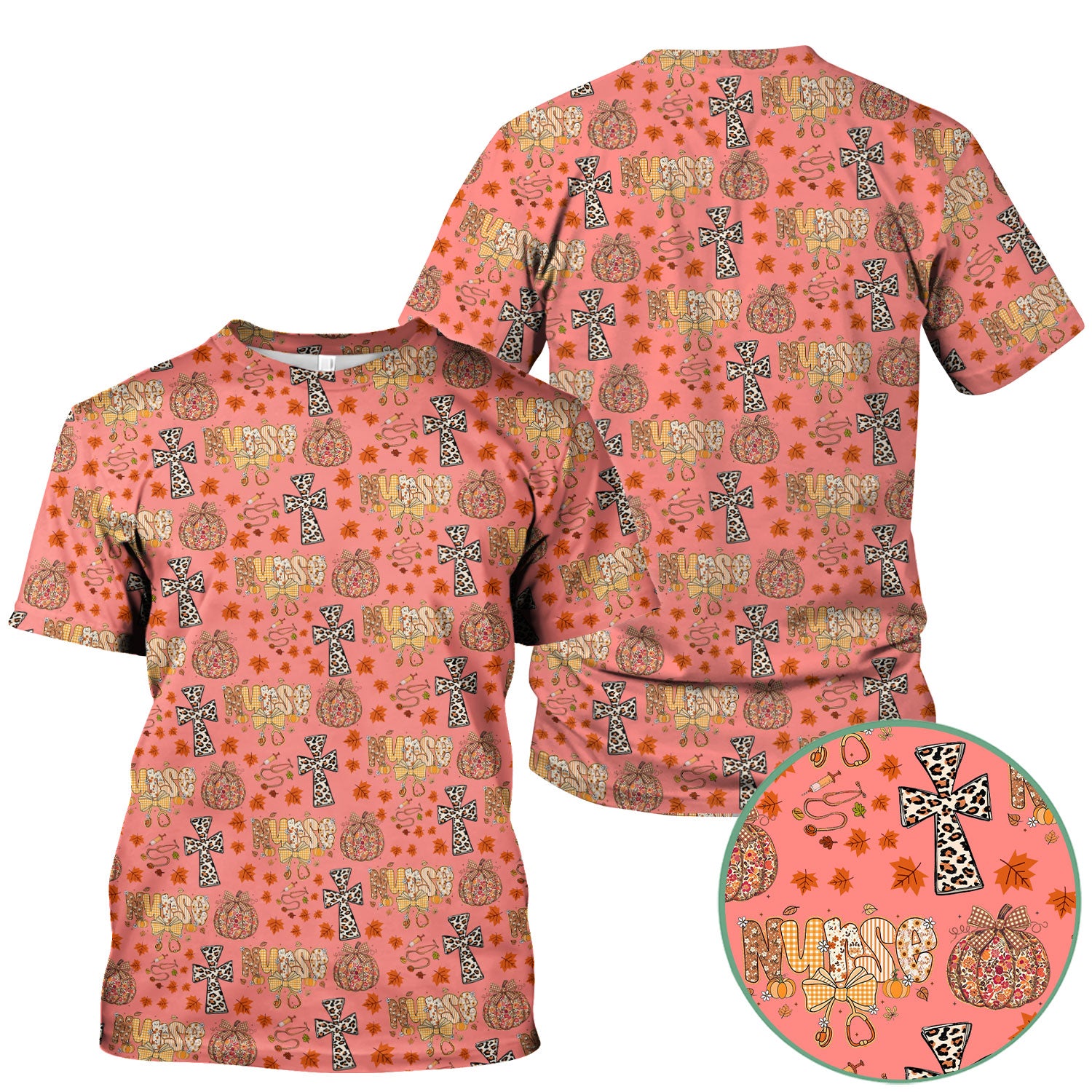 I Will Praise Him In Every Season - Boho Pumpkin Leopard Cross Fall Scrub Top for Nurse - Thanksgiving Med Uniform for Women