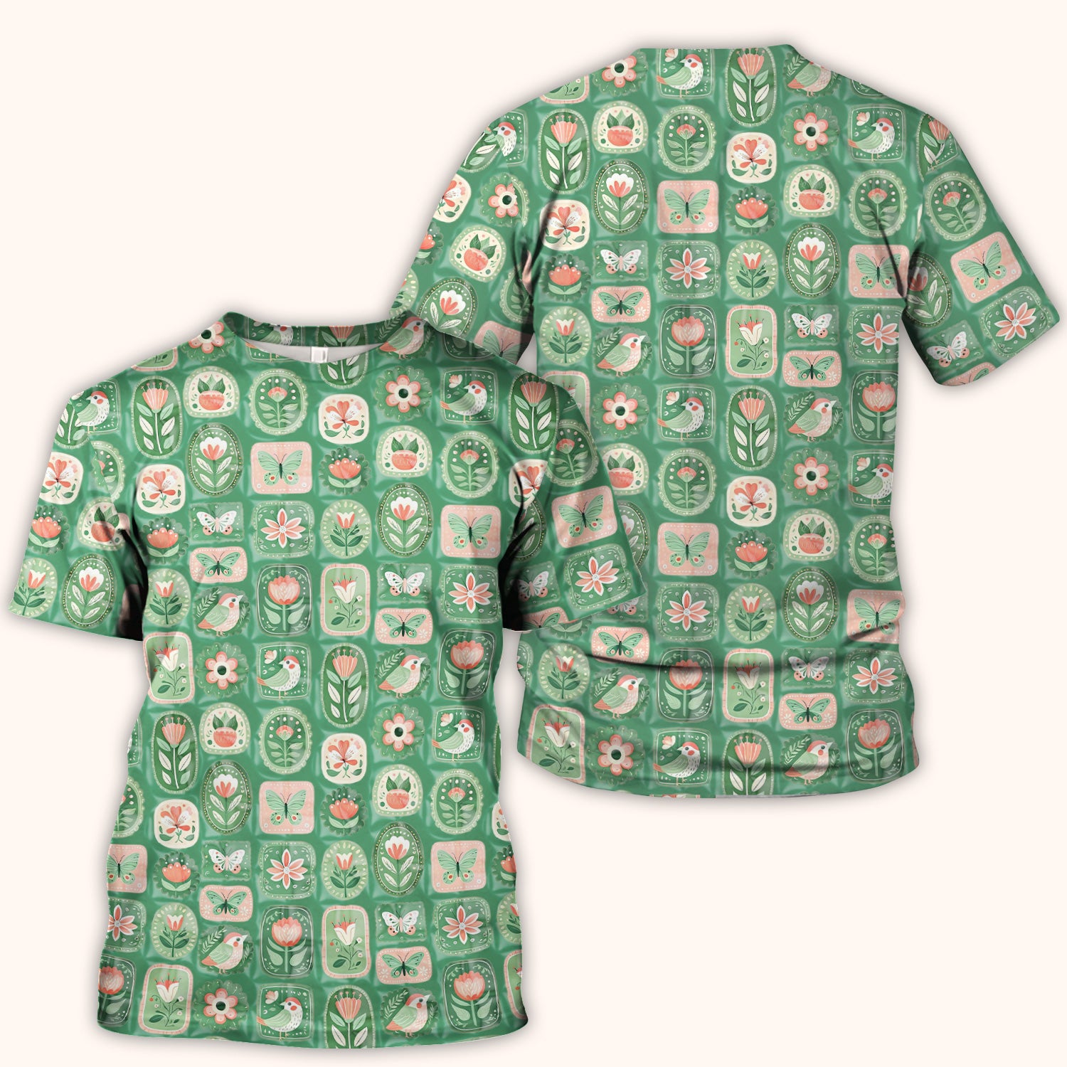 Folk Art Floral Bird Butterfly Garden Pattern Scrub Top, Comfortable Scrubs for Nurses