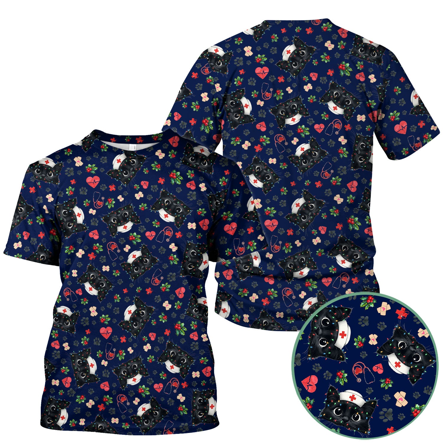 Funny Cats Scrub Top for Nurses - Black Kittens Christmas Medical Uniform - Jolly Holiday Gift for RN CNA LPN