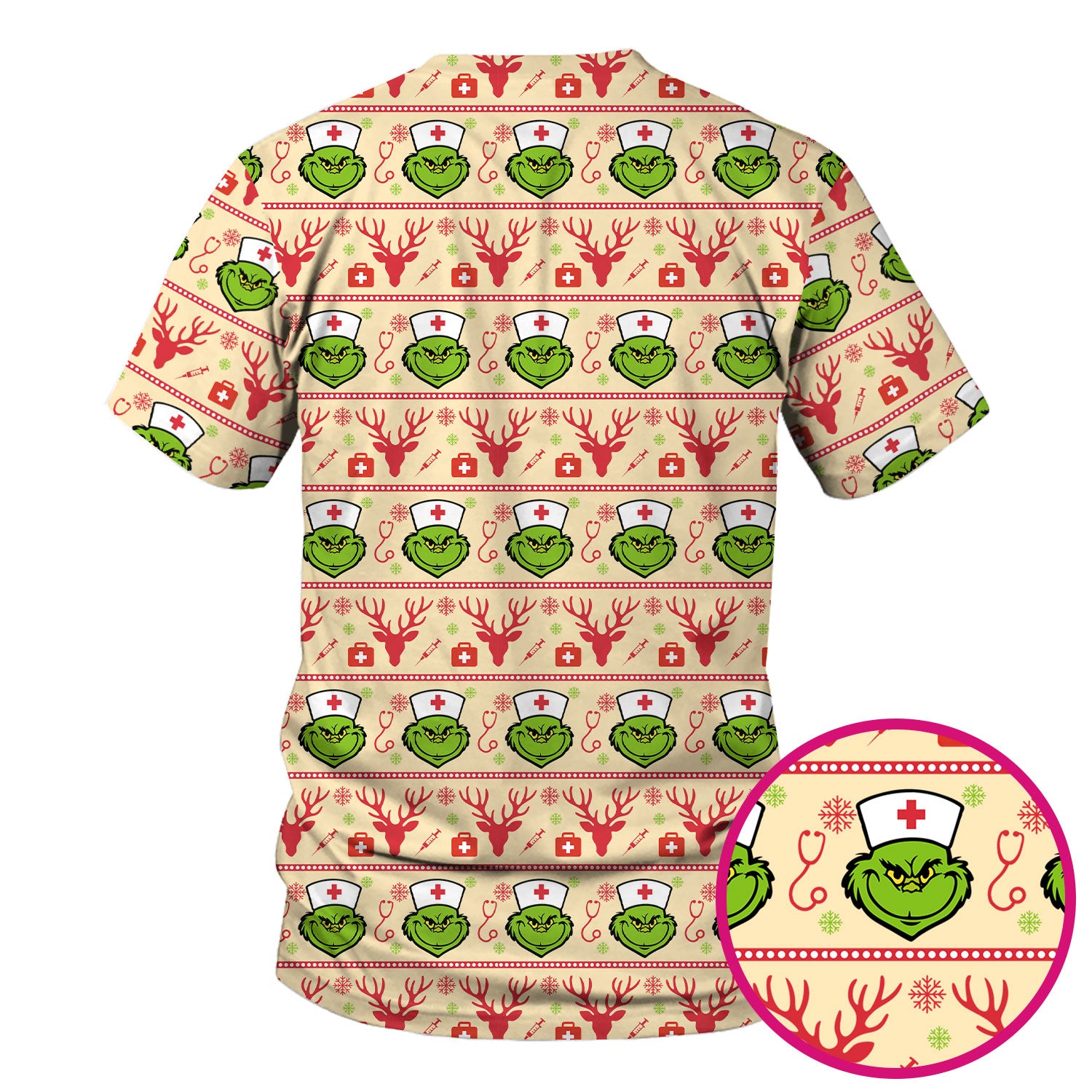 Grinch Nurse Ugly Christmas Scrub Top - Funny Holiday Nursing Scrubs Shirt - Cute Medical Workwear for Women with Festive Pattern
