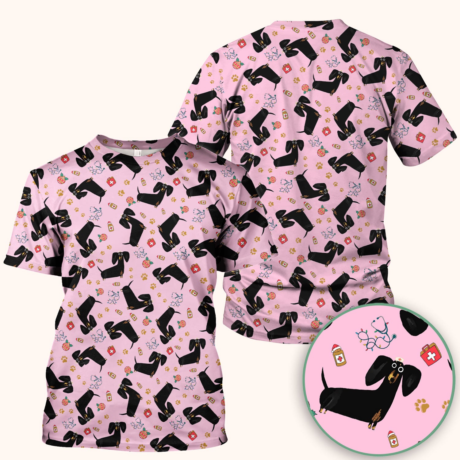 Funny Black Dachshund Scrub Top for Nurses - Cute Wiener Dog Medical Shirt - Puppy Lover Nursing Gift for Women