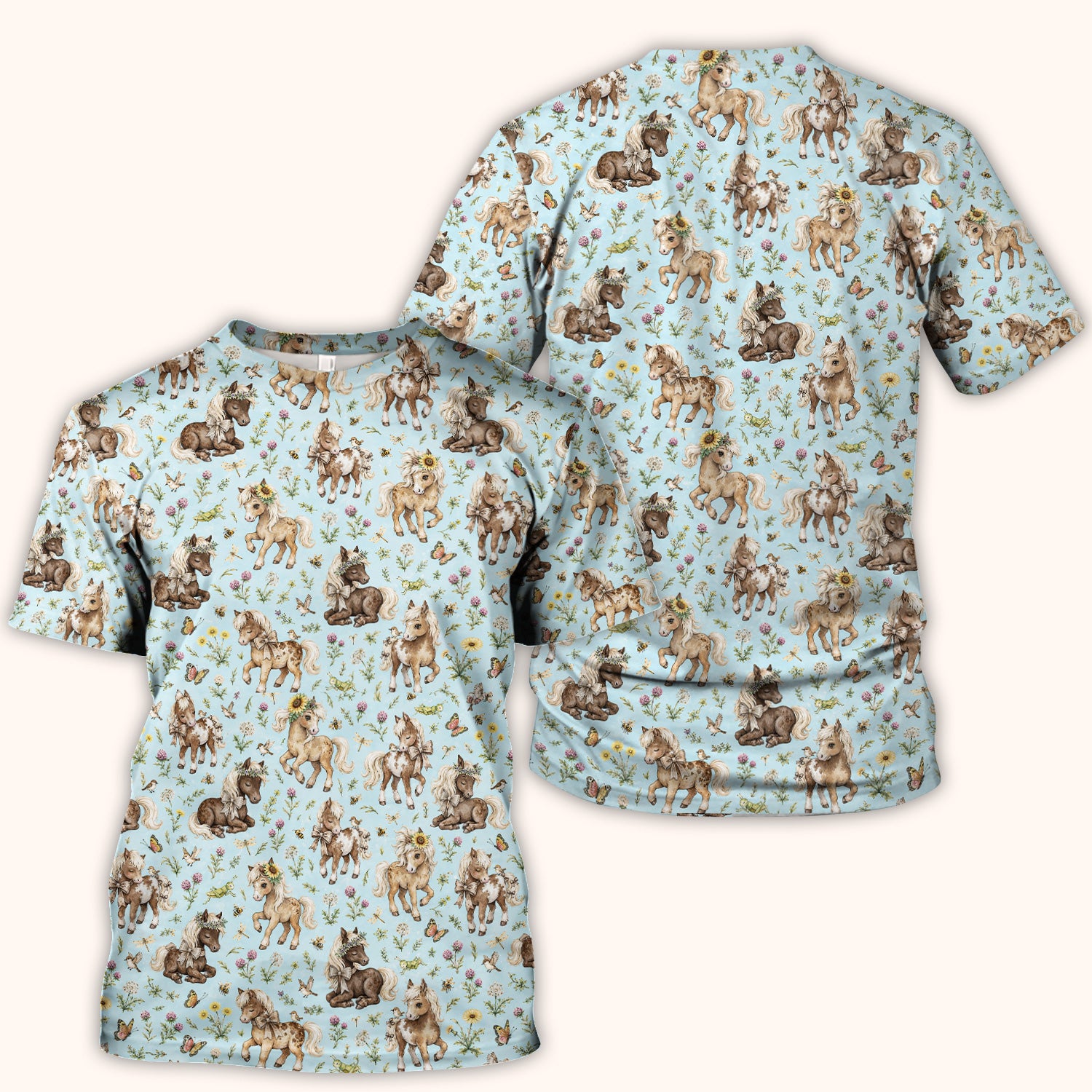 Cute Pony Garden with Butterfly Floral Meadow Print Scrub Top, Comfortable Scrubs for Nurses
