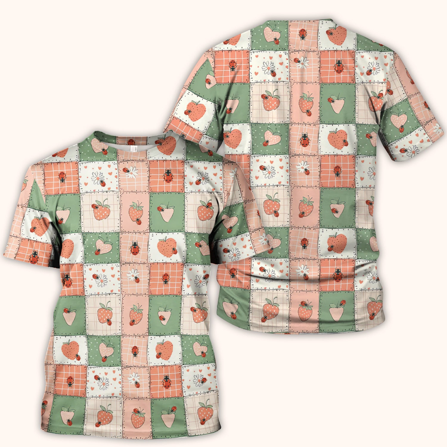 Strawberry Ladybug Patchwork Pattern Scrub Top, Comfortable Scrubs For Nurses