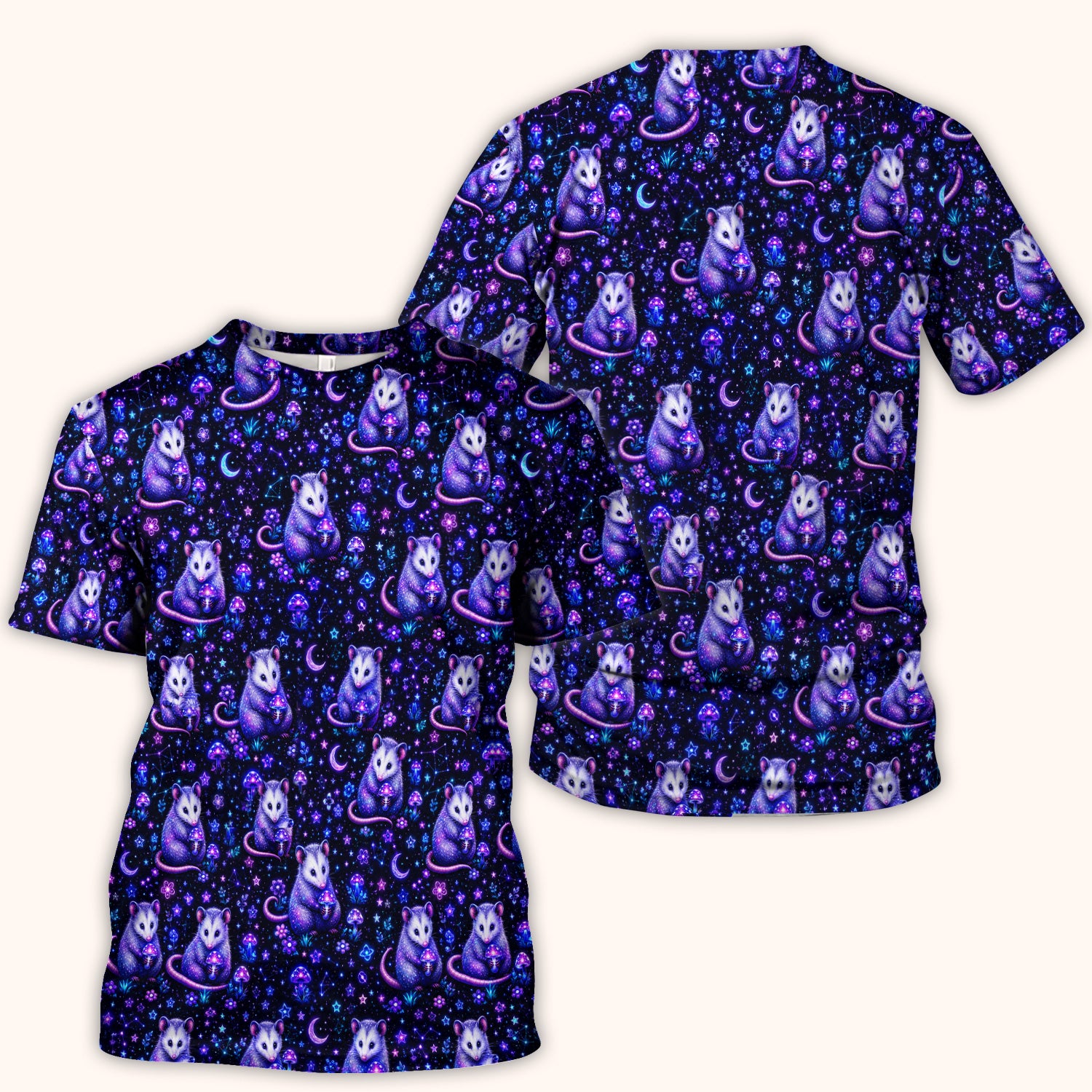 Neon Opossum Mushroom Galaxy Pattern Scrub Top, Comfortable Scrubs for Nurses