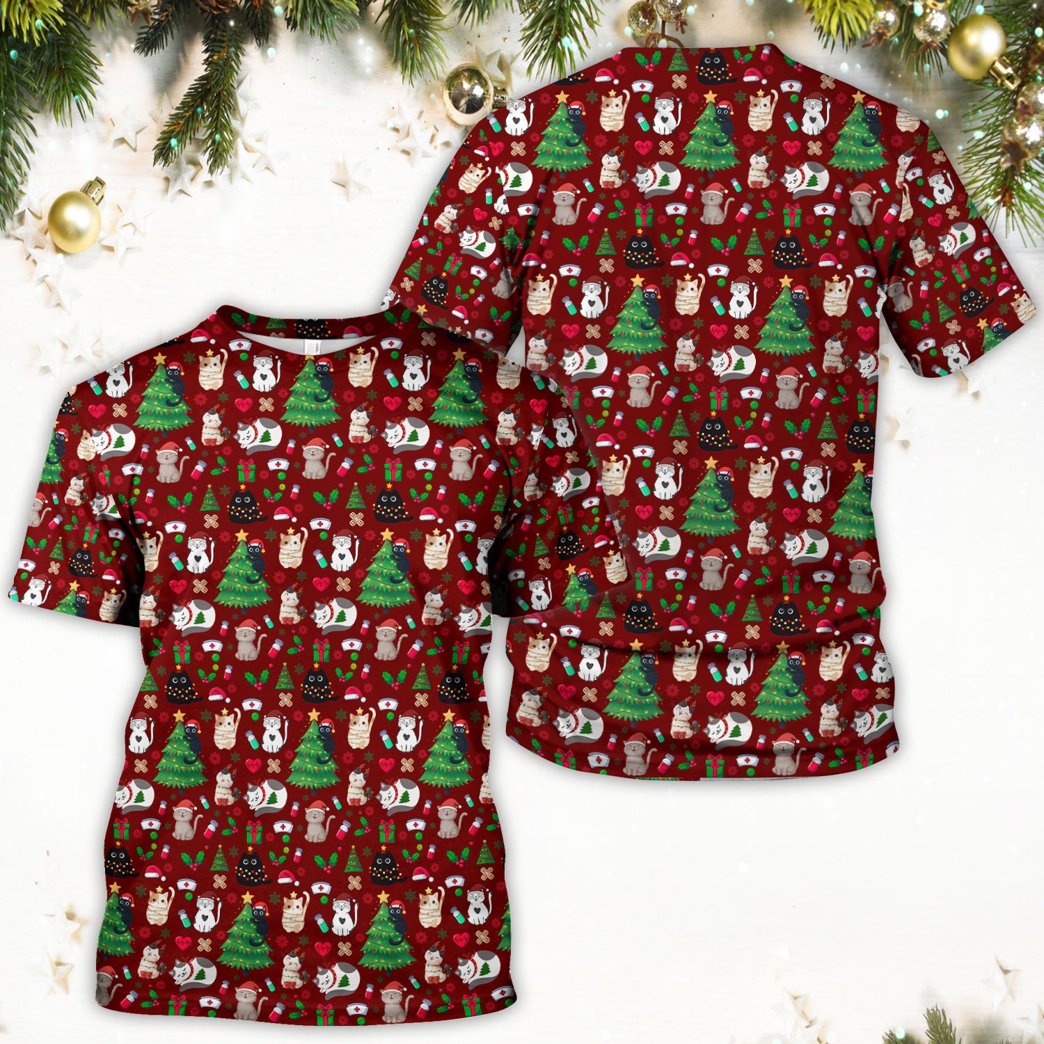 Christmas Cat Scrub Top, Xmas Pet Pattern Scrub Shirt, Breathable Fabrics Nursing Uniform
