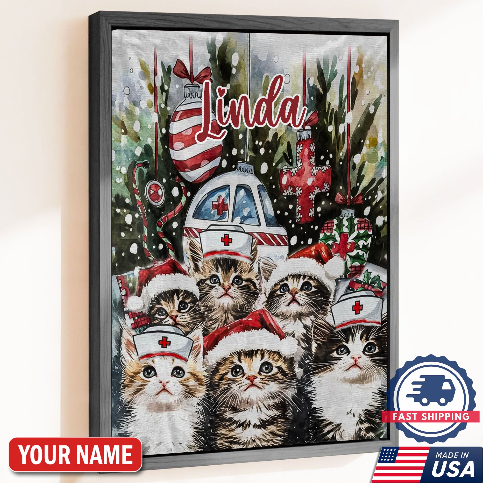 Personalized Nurse Cat Christmas Canvas, Custom Name Nurse Wall Art, Cute Holiday Gift For RN And Cat Lovers