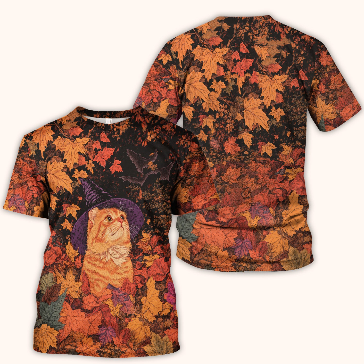 Autumn Cat with Fall Leaves Scrub Top, Comfortable Scrubs for Nurses